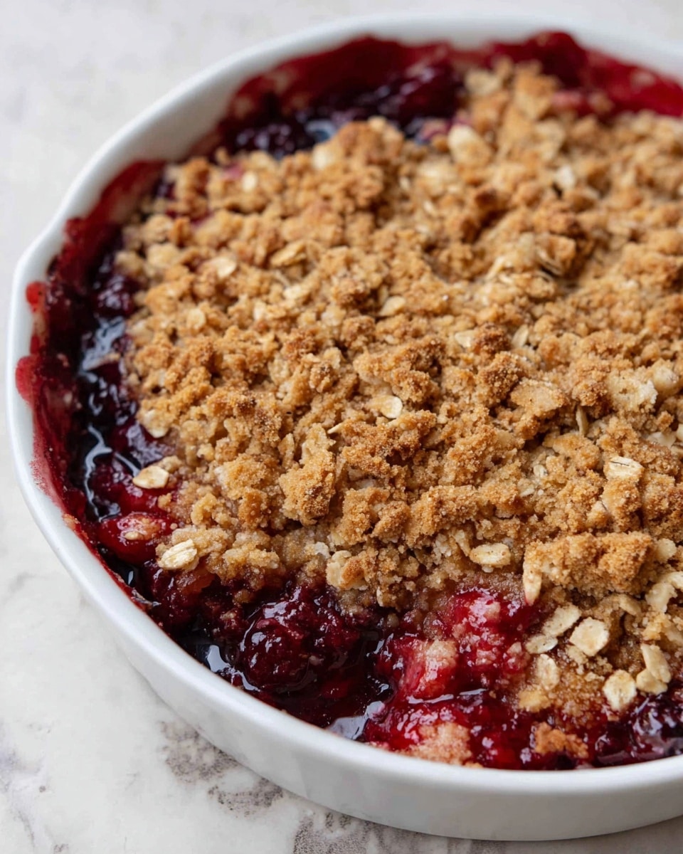 This image shows a close-up of a baked fruit crumble in a round white ceramic dish. The dish has a thick, rough topping made of toasted oats and brown sugar crumbs covering the whole surface. Underneath the topping, glossy dark red fruit filling can be seen bubbling around the edges, slightly spilling over the sides of the dish. The crumble top has an uneven texture with clusters of oats and a golden-brown color. The dish is placed on a white marbled surface. photo taken with an iphone --ar 4:5 --v 7