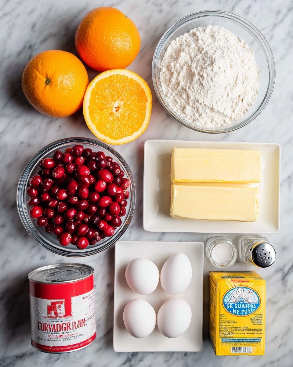 The image shows ingredients for baking arranged on a white marbled surface. There is one whole orange and one orange cut in half showing bright orange flesh on the left side. Near the oranges are two glass bowls, one filled with white granulated sugar and the other with white flour. Next to the bowls, there is a white bowl filled with fresh, shiny red cranberries. Below the bowls, on a rectangular white plate, there are two sticks of pale yellow butter. To the right of the butter, two white eggs rest on the marble. At the bottom, there are three containers lined up: a red baking powder can, a yellow cornstarch can, and a yellow box of baking soda with a blue and red label. A small glass salt shaker with white salt is on the far right. Photo taken with an iphone --ar 4:5 --v 7