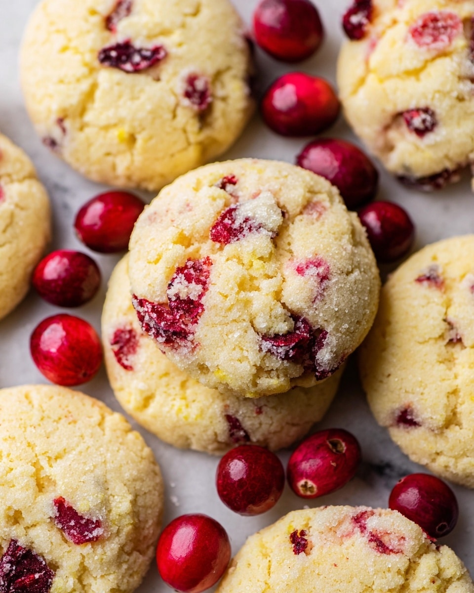 The image shows a close-up of several round, soft cookies with a crumbly texture, each cookie embedded with bright red cranberries. The cookies have a pale yellow color with a slightly rough surface and visible small cracks. The cranberries inside the cookies add pops of deep red scattered unevenly across each one. Around the cookies, some whole fresh cranberries with shiny skins are placed, contrasting with the light color of the cookies and the white marbled surface beneath. The arrangement is casual and inviting, with the focus on the texture and color of the treats. Photo taken with an iphone --ar 4:5 --v 7