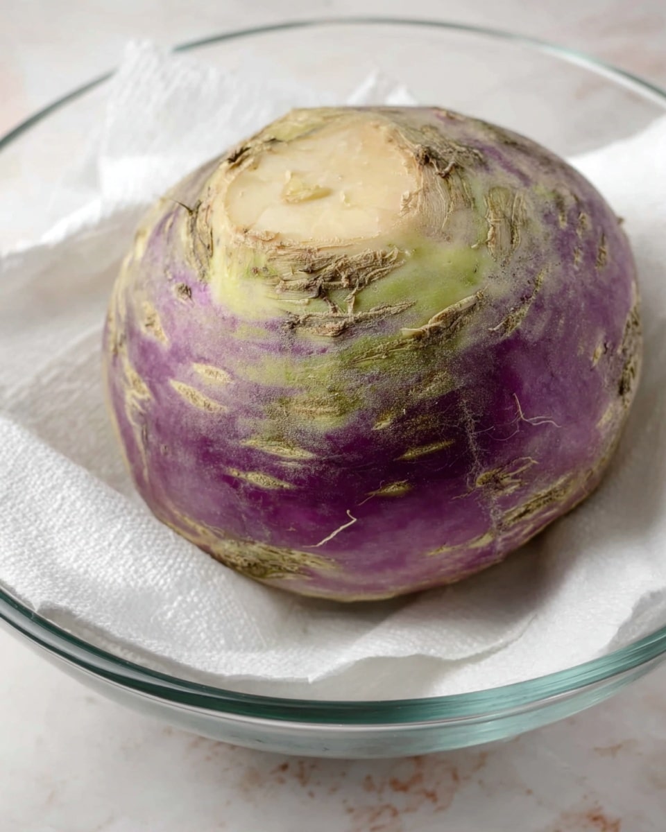 A close-up image of a round purple vegetable, likely a rutabaga or turnip, resting in a clear glass bowl lined with a white paper towel. The vegetable has a rough, textured surface with patches of green and a beige, slightly uneven top where it was cut. The background shows a white marbled surface, giving a clean and simple look. photo taken with an iphone --ar 4:5 --v 7