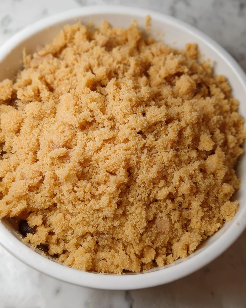 The image shows a close-up of a white bowl filled to the top with a crumbly dish that has a light golden-brown color. The texture looks coarse and grainy, with some parts appearing slightly powdery. The surface is uneven with small clusters of crumbs packed together, and the bowl sits against a background with a white marbled texture. photo taken with an iphone --ar 4:5 --v 7