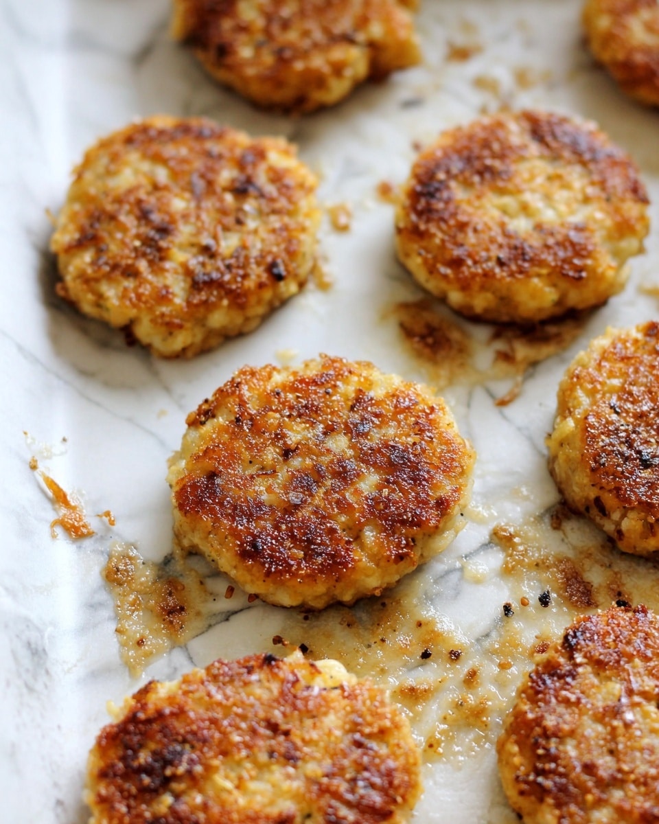 The image shows several round, golden-brown patties with a crispy texture, placed closely on a white baking sheet. Each patty has a rough surface with bits of darker, well-cooked edges and an overall crunchy look from melted cheese or a similar ingredient. The patties are arranged in neat lines, and the baking sheet has some oil spots and browned crumbs around them, highlighting their freshly baked, crunchy appeal. The background is a white marbled texture. Photo taken with an iphone --ar 4:5 --v 7