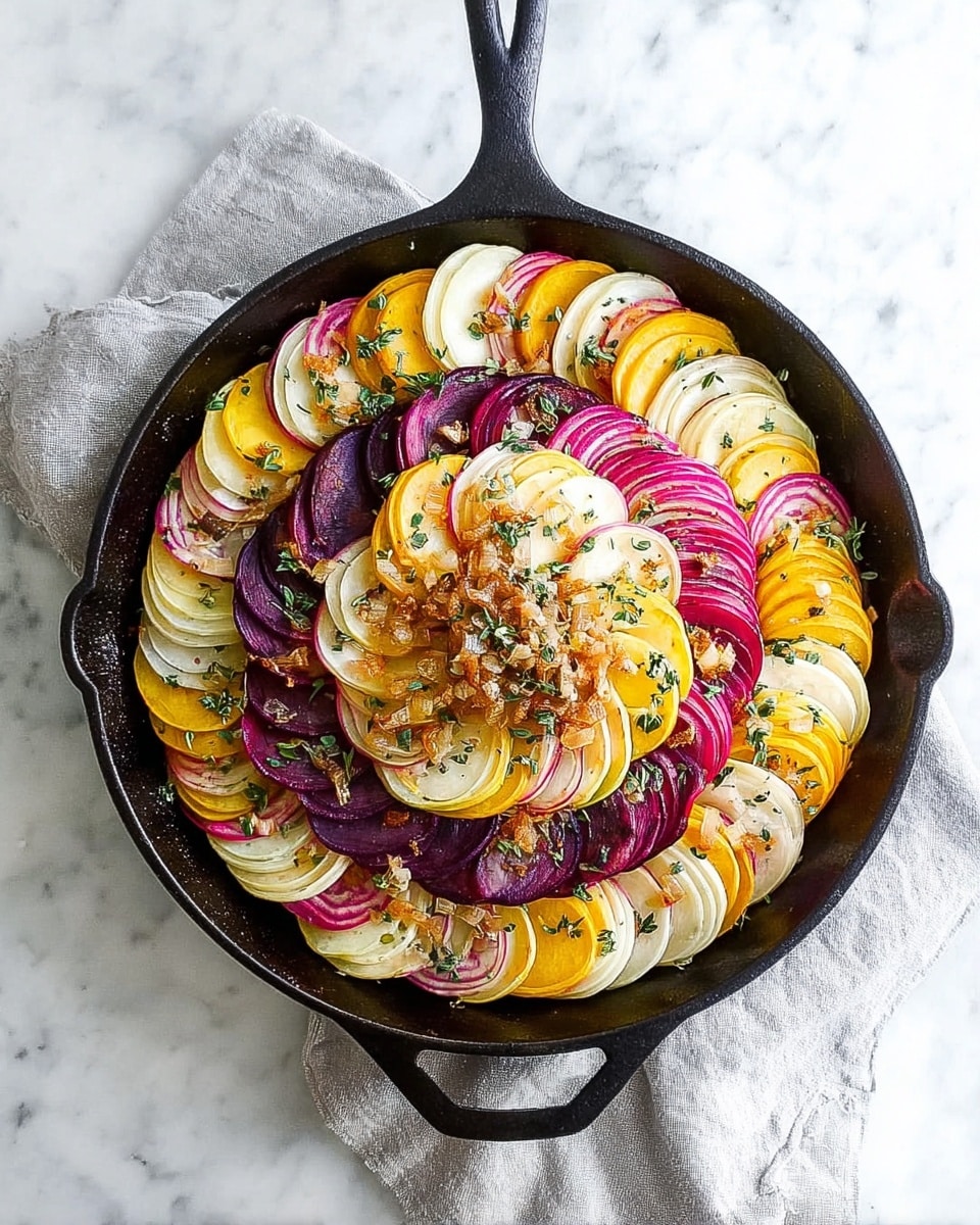 This image shows a black cast iron pan filled with thinly sliced vegetables arranged in a circular, spiral pattern. The outermost layer features golden yellow rounds, followed by a layer of creamy white slices, then a layer of deep purple slices, and alternating back and forth to create a visually appealing ring effect. The center is topped with bright pink and white striped slices. Finely chopped browned onions and small green herb sprigs are scattered evenly across the top. The pan sits on a light gray cloth on a white marbled surface. Photo taken with an iphone --ar 4:5 --v 7