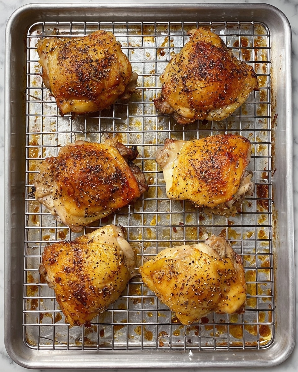 Six pieces of cooked chicken thighs with crispy, golden-brown skin sprinkled with black pepper sit on a silver wire rack. The wire rack is placed over a silver baking tray that has oily, browned spots from cooking. The chicken pieces are arranged in two rows of three, showing different shapes with some skin curls at the edges. The background is a white marbled texture. photo taken with an iphone --ar 4:5 --v 7