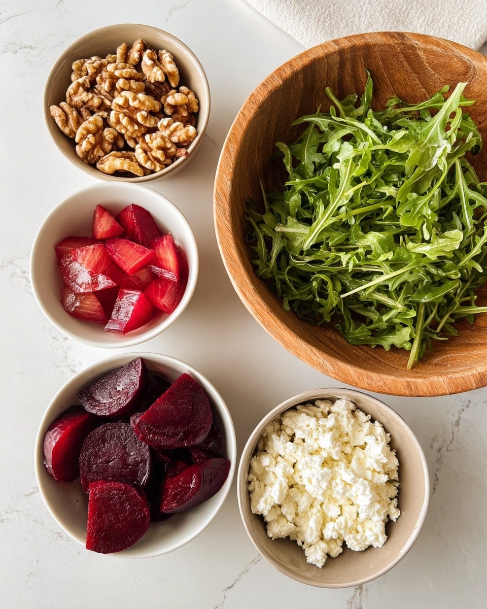 The image shows five bowls with colorful ingredients arranged on a white marbled surface. In the top right corner is a large wooden bowl filled with bright green arugula leaves that look fresh and slightly shiny. Below the arugula, there is a small white bowl full of white crumbly cheese. To the left of the cheese bowl, there is another white bowl containing deep red sliced beets with a smooth texture. Above the beet bowl is a beige bowl filled with light brown walnuts that have a rough, bumpy surface. In the top left corner, there is a small white bowl with bright red grape slices that show their juicy and translucent inside. photo taken with an iphone --ar 4:5 --v 7