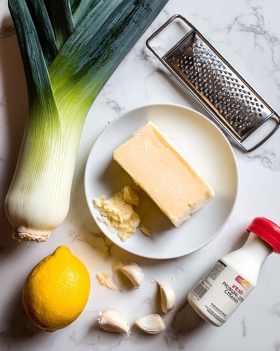 The image shows a white marbled surface with fresh cooking ingredients arranged on it. On the left, there is a whole leek with dark green to light green layers, a yellow onion, and a bright yellow lemon. Towards the middle, a white plate holds a solid block of pale yellow cheese with a few small crumbs next to it, along with a metal grater positioned diagonally on the right edge of the plate. Near the bottom right, there is a small white bottle with a red cap labeled fresh cream, and to the right of that, four peeled garlic cloves are scattered loosely. photo taken with an iphone --ar 4:5 --v 7