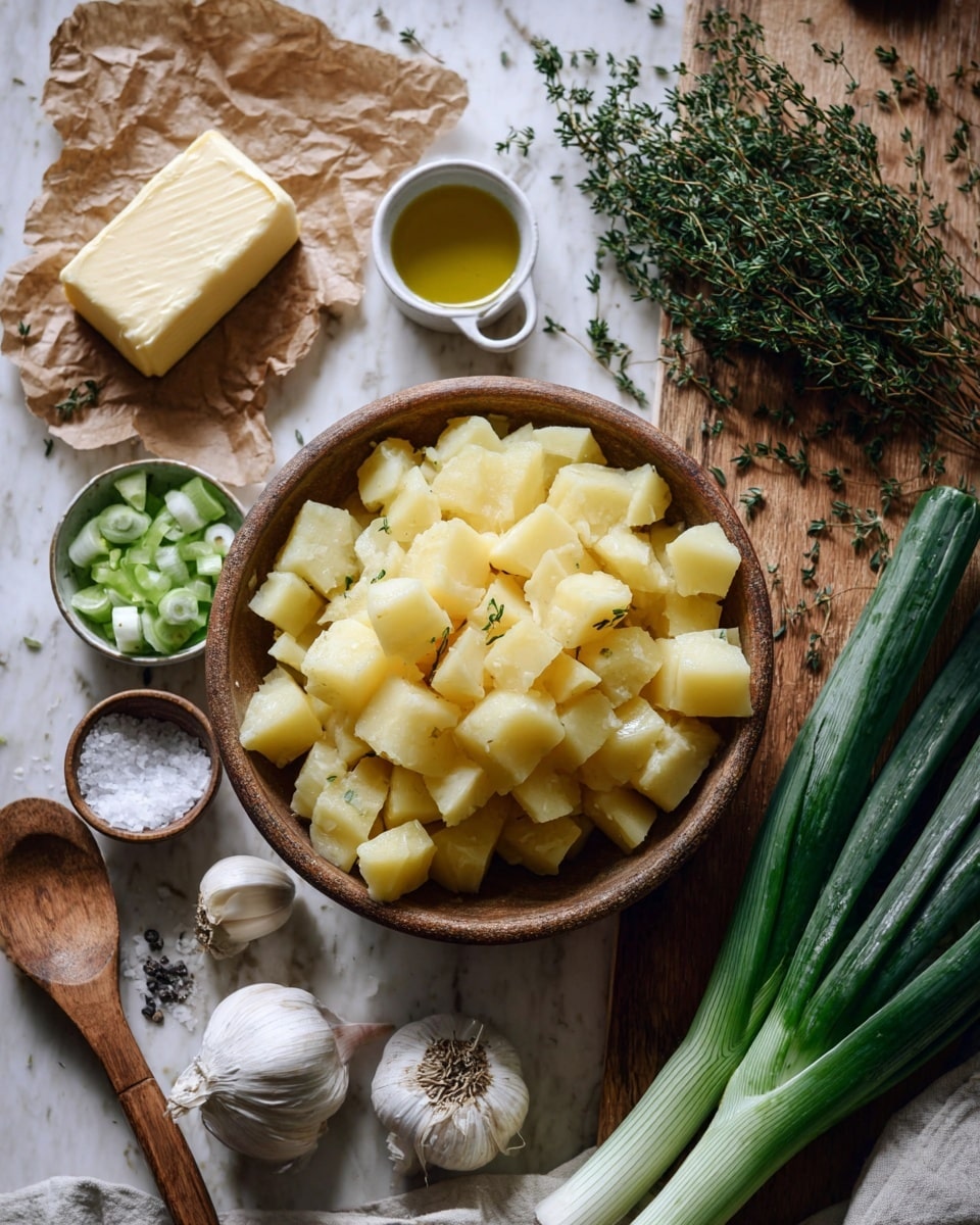 A bowl full of cooked yellow potato cubes with a soft texture sits in the center on a wooden table. Next to the bowl are three long green onions with white ends, some chopped green onion pieces, and a small white bowl with olive oil. Above the bowl is a light yellow block of butter resting on crumpled brown paper, and to the right is a bunch of fresh green thyme sprigs along with a wooden spoon. Near the bottom left, a small bowl of sea salt is visible, and garlic bulbs are scattered around. The whole scene is set on a white marbled texture. Photo taken with an iphone --ar 4:5 --v 7
