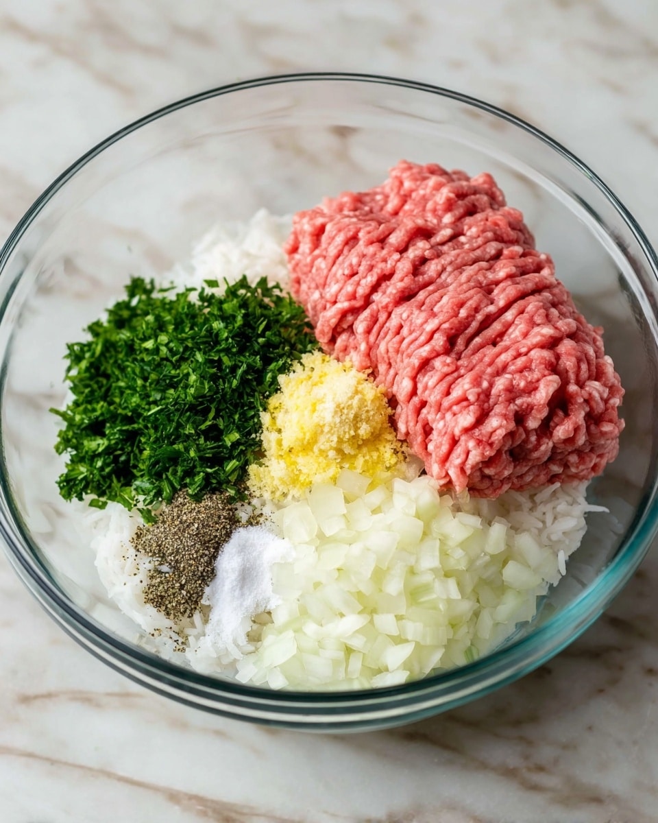 A clear glass bowl sits on a white marbled surface, filled with six visible layers of ingredients. On the left side is a large block of raw pink ground meat with a soft, stringy texture. Next to it and slightly overlapping are four smaller piles: bright green chopped herbs with a leafy texture in the bottom left, a mound of coarse white salt above that, a heap of finely ground black pepper near the top left, and a small pile of minced yellow garlic on the right. The center holds a generous layer of finely chopped white onions with a slightly translucent look. The bottom right corner is covered with fluffy white cooked rice, which contrasts with the other ingredients around it. photo taken with an iphone --ar 4:5 --v 7