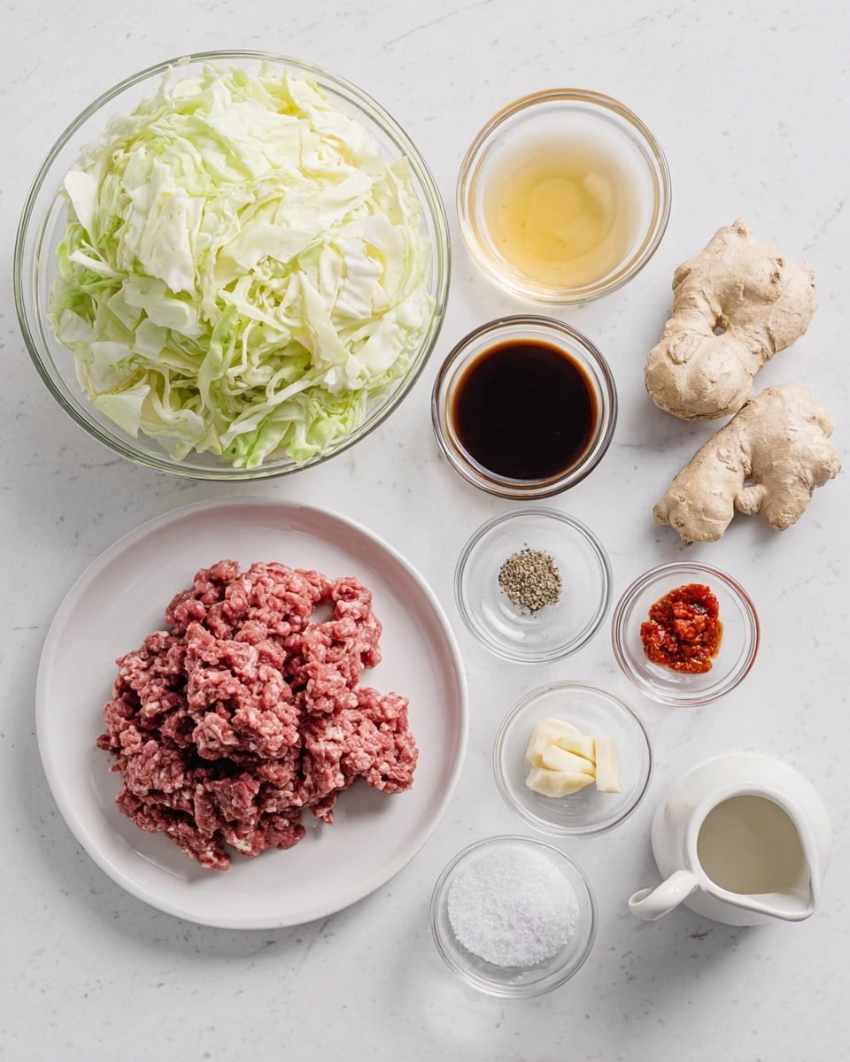 The image shows several ingredients arranged neatly on a white marbled surface. In the center, there is a white plate with raw ground meat piled loosely. To the left, a large clear glass bowl filled with chopped pale green and white cabbage sits prominently. Surrounding these main items are smaller clear bowls containing dark soy sauce, light golden brown sauce, a clear liquid, and red chili paste. Near the top right corner, two garlic cloves and a piece of fresh ginger root are placed. In the middle above the white plate, a small bowl of mixed salt and pepper is present, and near the bottom right corner is a small white pitcher holding a white powdery substance. Photo taken with an iphone --ar 4:5 --v 7