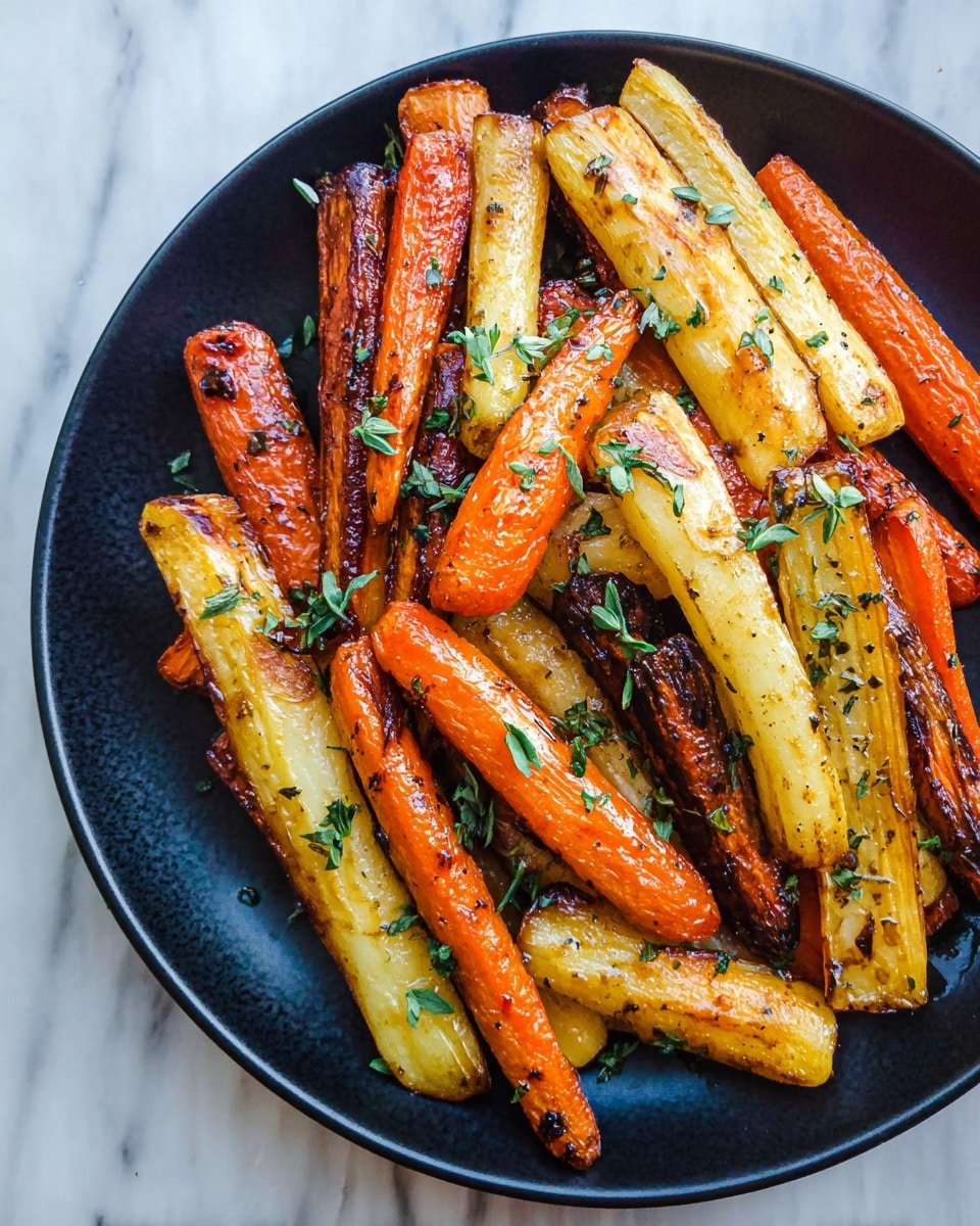 The image shows a black plate filled with roasted carrot and parsnip sticks. The carrots have a bright orange color with a shiny, slightly charred texture. The parsnips are pale yellow with golden brown roasted spots and a glossy surface. Small green herb leaves are scattered on top of the vegetables, adding a fresh touch. The plate is placed on a white marbled textured surface. photo taken with an iphone --ar 4:5 --v 7