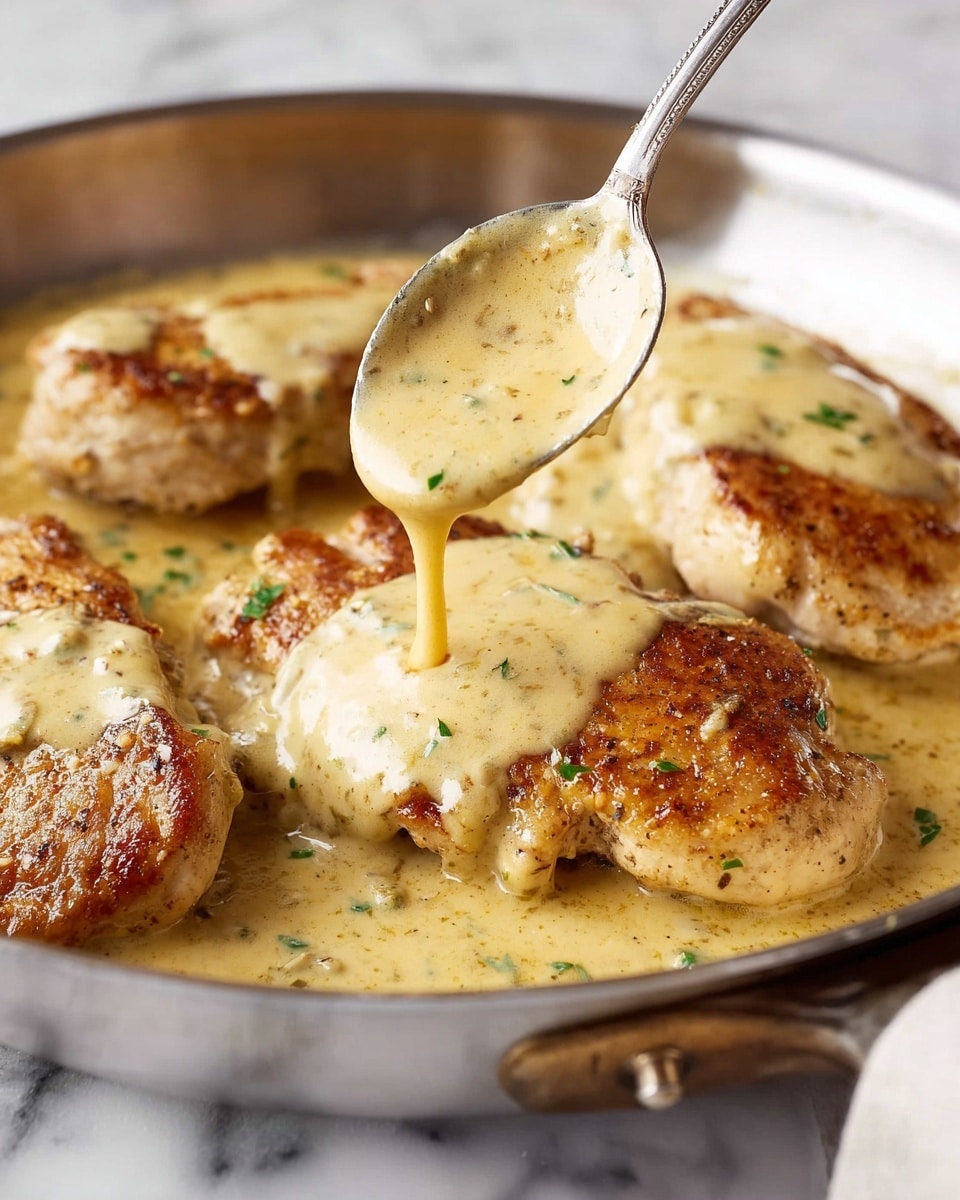 In the image, there are four browned pieces of cooked chicken layered in a silver pan with a creamy beige sauce poured over them. The sauce has a smooth texture with small green herb bits sprinkled on top of the chicken and sauce. A silver spoon is held by a woman's hand, drizzling the sauce over the chicken in the foreground. The chicken looks juicy with a golden crust, and the sauce glistens under soft light. The background shows a white marbled surface. photo taken with an iphone --ar 4:5 --v 7