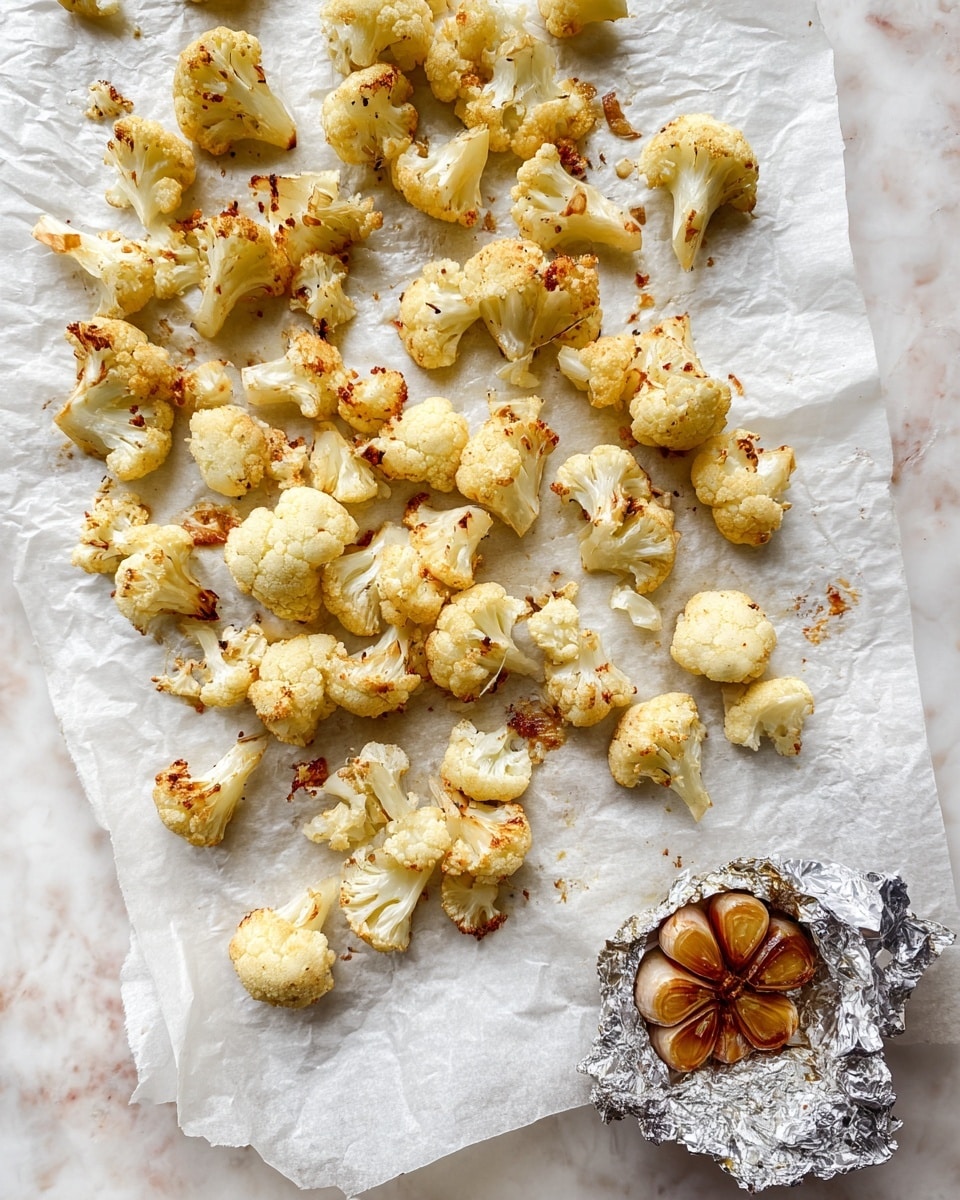 The image shows a single layer of roasted cauliflower florets spread out on white parchment paper. The cauliflower pieces are pale yellow with some browned, crispy spots giving a toasted texture. In the bottom right corner, there is a half head of roasted garlic, sitting on crumpled aluminum foil, with a caramelized golden-brown surface. The whole scene is set on a white marbled surface. photo taken with an iphone --ar 4:5 --v 7
