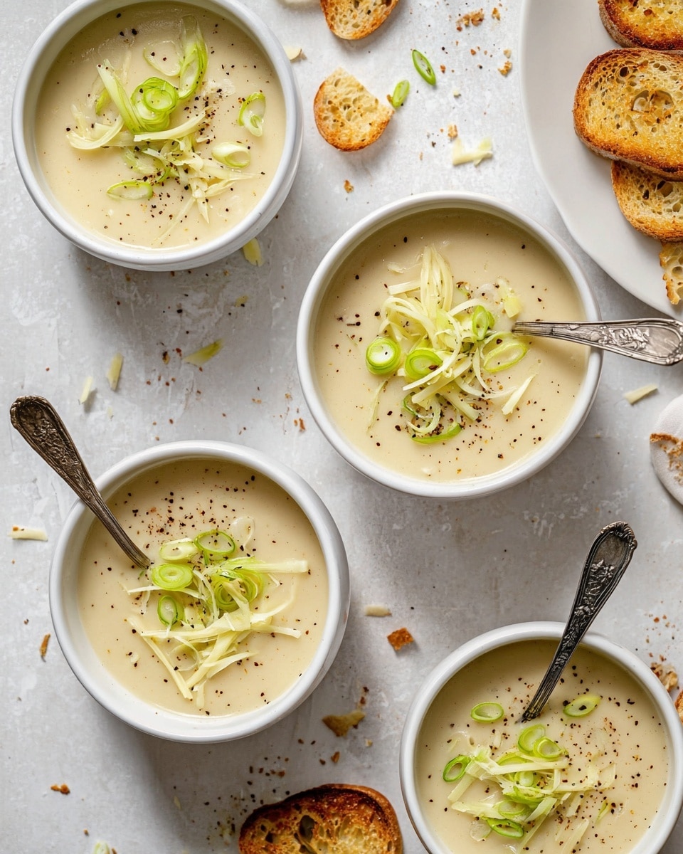 Four white bowls filled with creamy beige soup are arranged on a white marbled surface. Each bowl is topped with thin slices of bright green scallions, thin strips of pale yellow cheese, and sprinkled with small black pepper flakes. Two bowls have ornate silver spoons resting in them. Scattered around the bowls are a few crumbs of toasted bread and some extra scallion slices. A white plate with toasted bread slices is partially visible on the right side. photo taken with an iphone --ar 4:5 --v 7