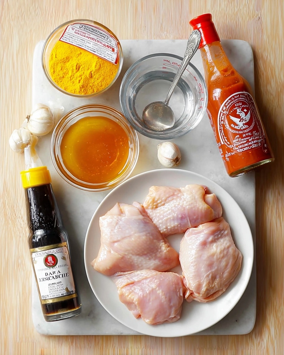 A white plate with four raw chicken pieces that are light pink and smooth is on a white marbled surface. Around the plate, there are three whole garlic cloves with white skins, a bright yellow container of corn starch, a clear bottle of dark tamari soy sauce with a white label and red circle, a small glass bowl filled with thick orange sauce with a silver spoon inside, a clear glass measuring cup filled with water, and a clear bottle of deep red sriracha sauce with a winged bird design on the label. Everything is neatly arranged and well lit. photo taken with an iphone --ar 4:5 --v 7