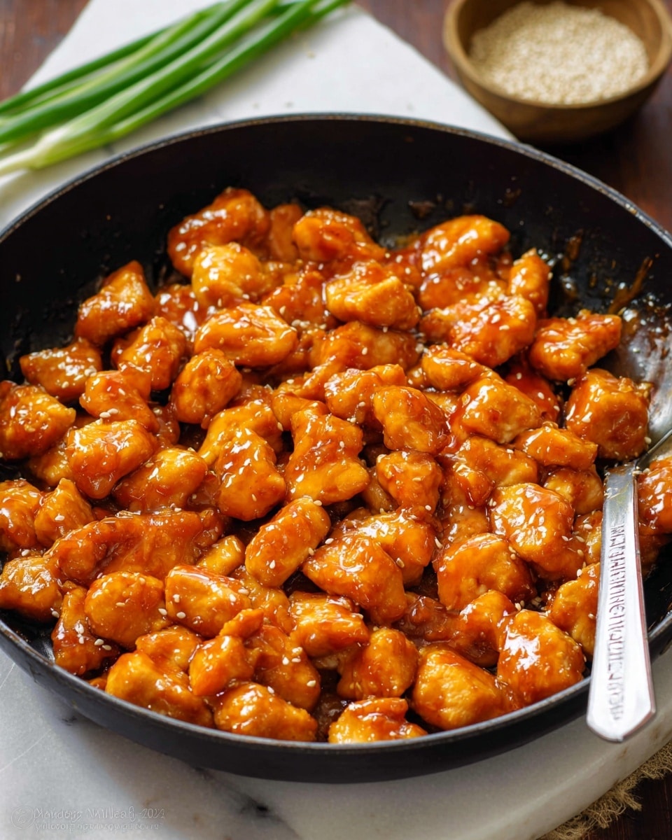 The image shows a close-up of a black frying pan filled with many pieces of small golden brown chicken chunks covered in shiny orange sauce. The chicken pieces have a smooth, moist texture, and the sauce looks thick and glossy, evenly coating each piece. The pan is placed on a white marbled surface, with some green onions and a small bowl with white sesame seeds blurred in the background. A silver spoon with text on it lies next to the pan on the right side. Photo taken with an iphone --ar 4:5 --v 7