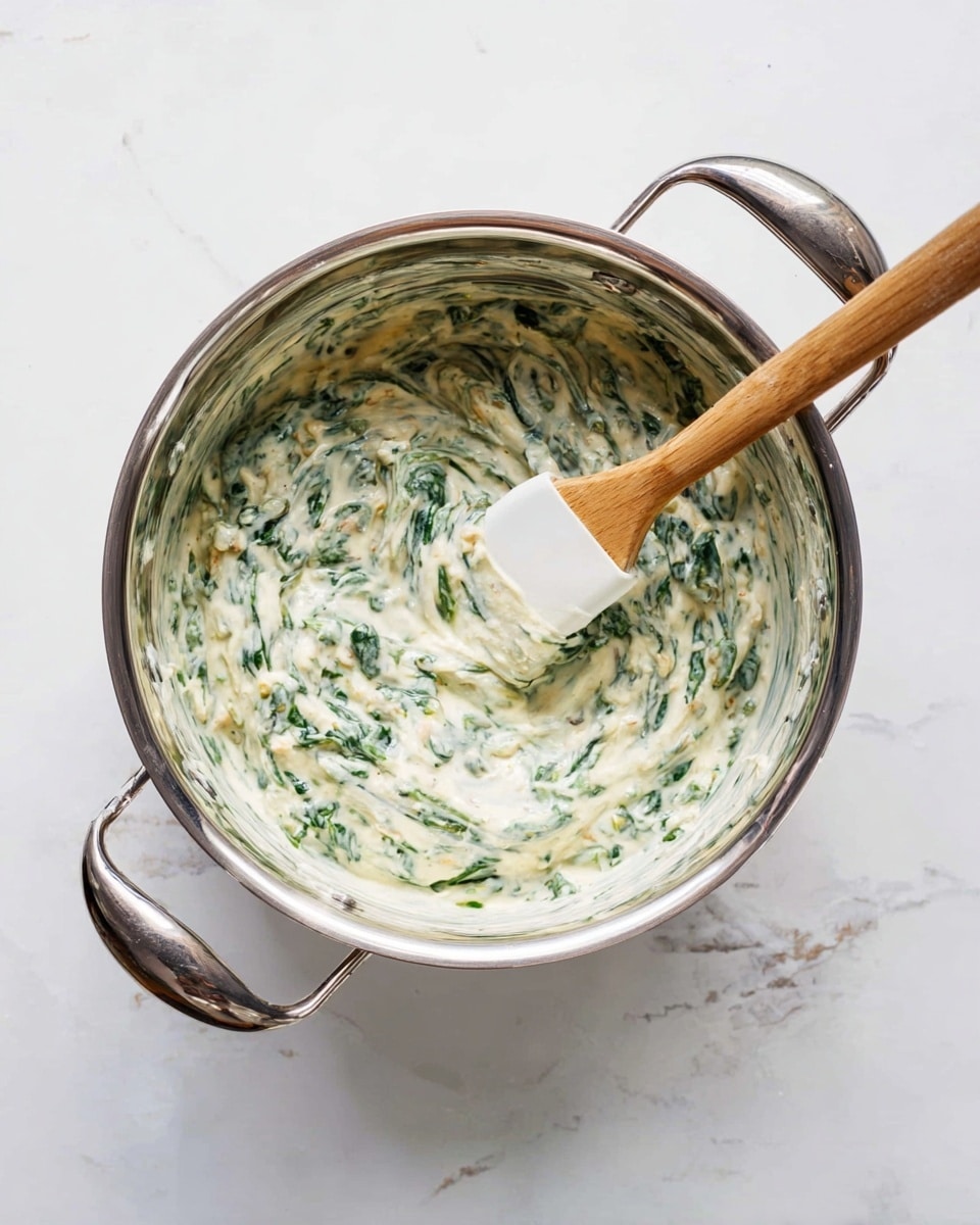 A shiny metal pot with two handles is filled with creamy spinach dip that has a thick, smooth texture mixed with visible green spinach leaves and small bits of light-colored ingredients. A white spatula with a wooden handle is stirring the dip inside the pot. The pot is placed on a white marbled surface with subtle gray veins. The overall look is fresh and creamy with a green and white color mix. photo taken with an iphone --ar 4:5 --v 7