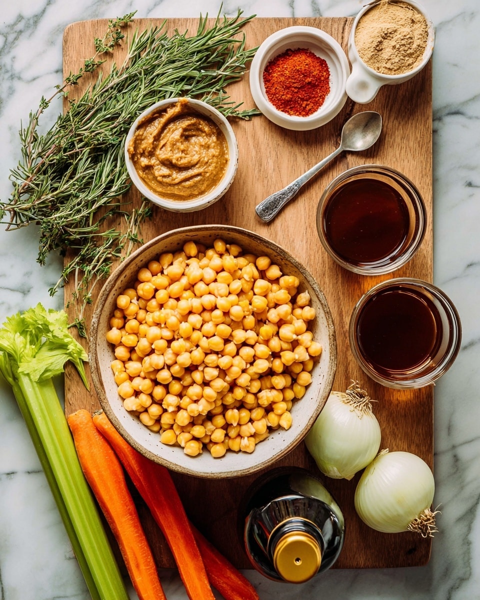 A large bowl filled with bright yellow chickpeas sits in the center on a wooden board, surrounded by two orange carrots, three green celery sticks, and two white onion halves. To the right of the bowl are two clear cups with dark brown liquid, and below them is a dark bottle with a gold cap. Above the bowl, there is a small white bowl with a brown paste and a spoon, next to fresh green rosemary sprigs. Nearby, a small white bowl contains red powder, and another has a red paste. The whole setup rests on a white marbled surface. photo taken with an iphone --ar 4:5 --v 7