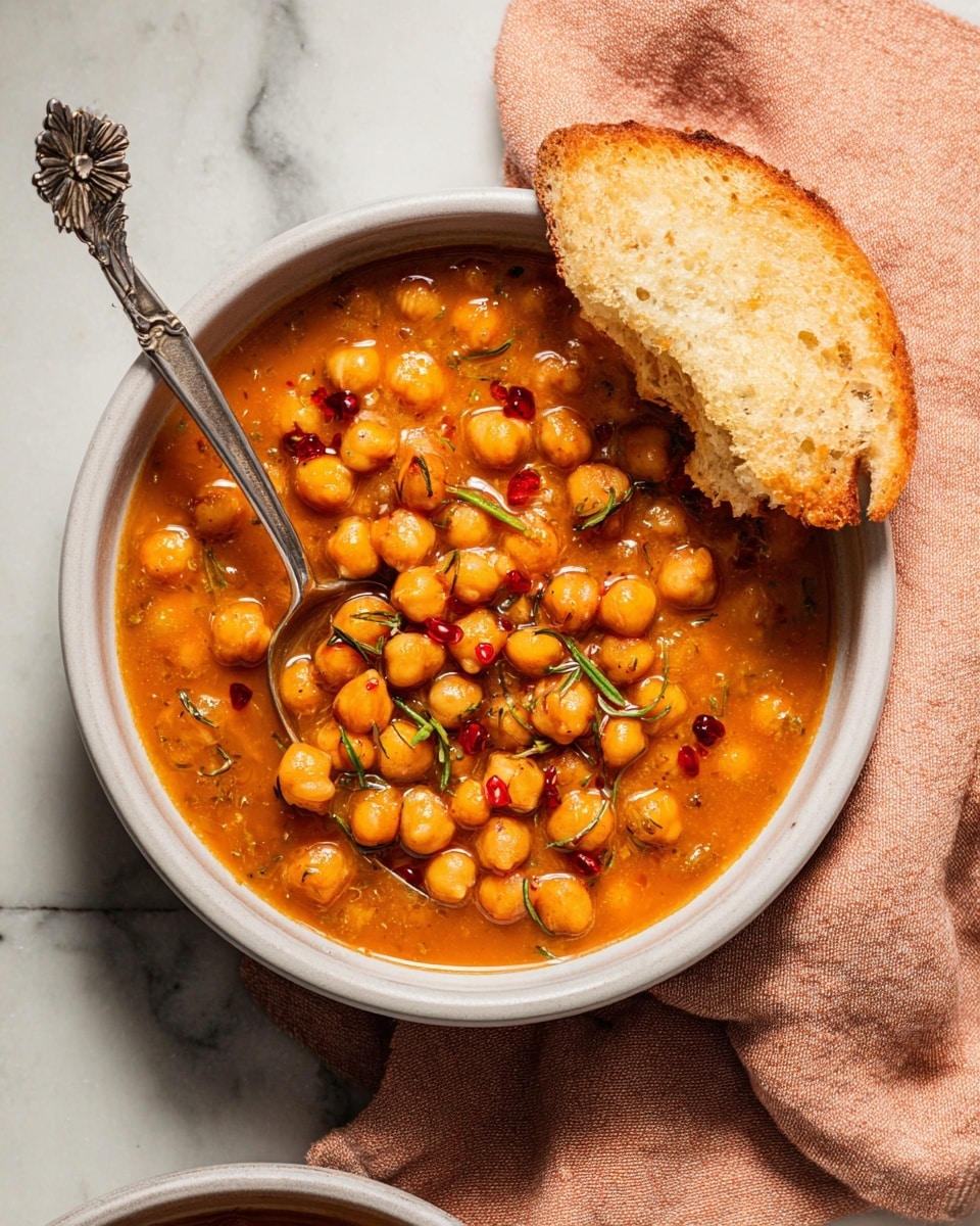 A white bowl filled with thick chickpea stew showing many round chickpeas in a rich orange-brown sauce, garnished with small green herb leaves and droplets of red oil on top. A silver spoon with a floral design rests in the bowl, and a slice of golden toasted bread is partly dipped into the stew on the right side. The bowl sits on a soft peach cloth on a white marbled surface. Photo taken with an iphone --ar 4:5 --v 7