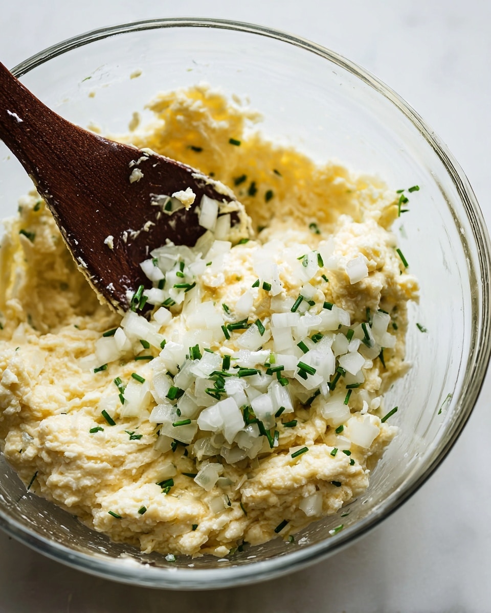A close-up view inside a clear glass bowl shows a creamy, light yellow mixture with a rough texture. On top of this mixture, there are diced white onions and small green herbs spread mainly on one side. A dark wooden spoon is partly buried in the mixture, leaning from the left side, with some of the mix stuck to it. The bowl sits on a white marbled surface. photo taken with an iphone --ar 4:5 --v 7