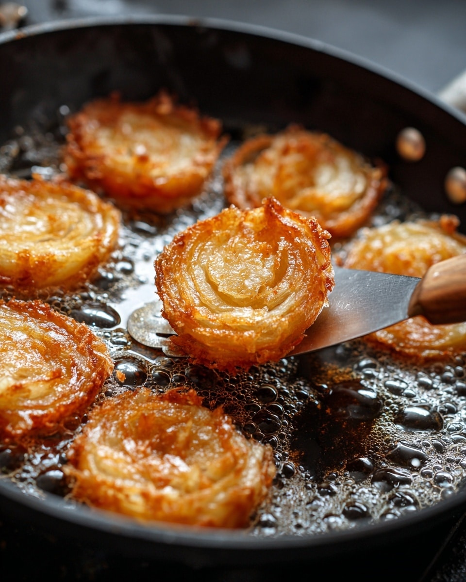 The image shows several golden brown, crispy fried onions cooking in dark oil inside a black pan. The onions have a layered texture with a crunchy, bubbly outer edge and a soft inside. A metal spatula with a wood handle is lifting one onion piece gently from the pan. The frying oil around the onions bubbles actively, giving a sense of hot cooking. The background and surface are not visible clearly but the focus is on the crispy onions and the spatula. photo taken with an iphone --ar 4:5 --v 7