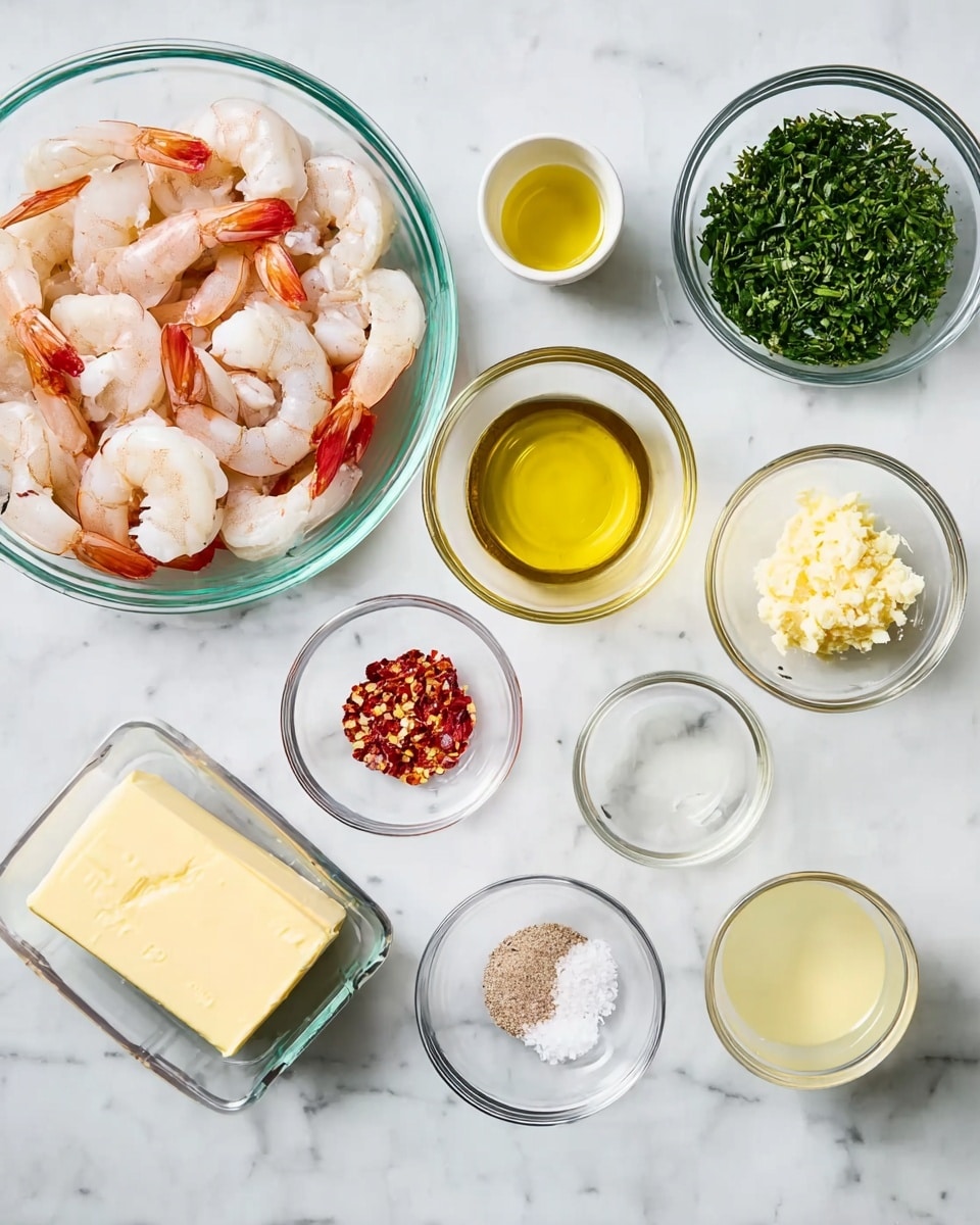 The image shows ingredients arranged neatly on a white marbled surface. On the left, there is a clear bowl filled with raw peeled shrimp with a pinkish-white color and orange tails. Next to it, on the right and slightly above, is a small clear bowl with chopped green herbs. Below it, a bowl holds two rectangular sticks of yellow butter. Several small glass bowls contain different ingredients: one with minced garlic, one with olive oil in a yellow tint, another with a light-colored liquid, a small bowl with red chili flakes, one with coarse white salt, and a small clear bowl with a pale yellow liquid. The overall layout is clean and organized, showing each ingredient clearly. Photo taken with an iphone --ar 4:5 --v 7