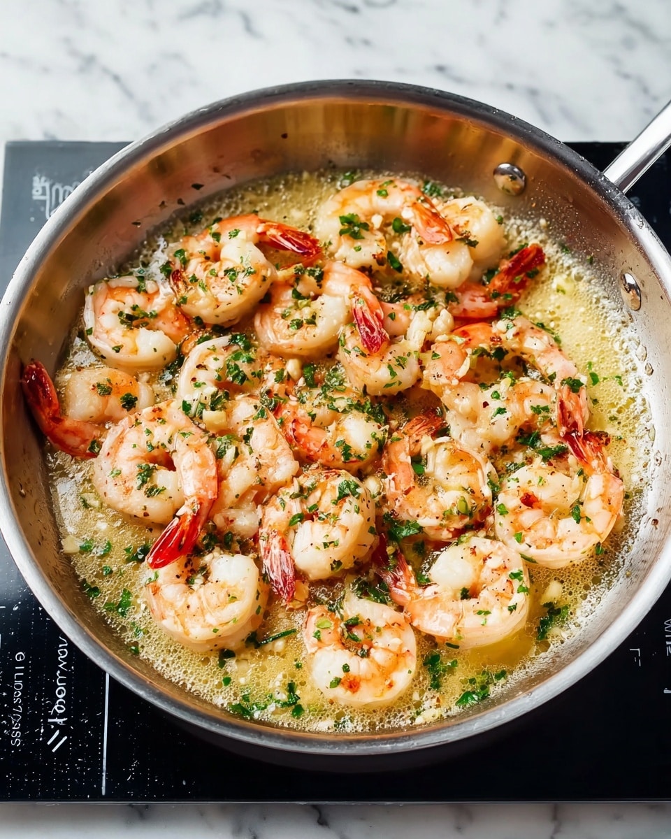 A silver frying pan filled with cooked shrimp in a light yellow buttery sauce, scattered with small green herb pieces on top. The shrimp are pink and curved with their tails on, resting evenly in the sauce. The pan is sitting on a black stovetop with white markings, and the background is a white marbled surface. The sauce has a slightly bubbly texture and visible bits of garlic and herbs. photo taken with an iphone --ar 4:5 --v 7