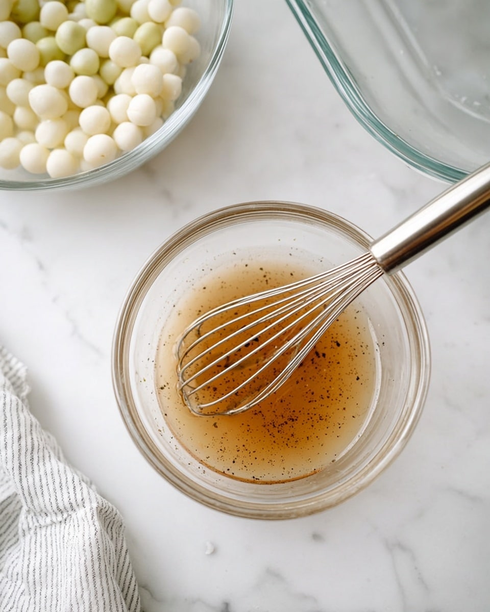 The image shows a small clear glass bowl filled with a light brown liquid with black pepper bits mixed in, placed on a white marbled surface. Inside the bowl is a silver whisk with thin metal loops partly submerged in the liquid. To the top left, there is a clear glass bowl filled with small, round white and pale green balls. On the right side of the image, the edge of a clear glass baking dish is visible. A white and gray striped cloth is slightly visible in the bottom left corner. Photo taken with an iphone --ar 4:5 --v 7