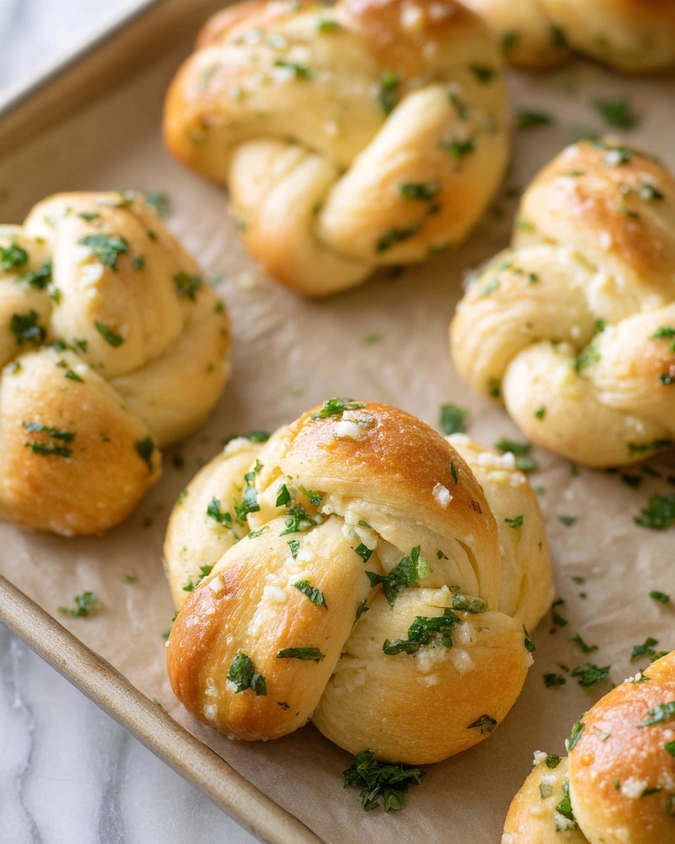 Several golden brown garlic knots rest on a light-colored baking tray lined with parchment paper, each knot showing a twisted and knotted dough with a soft, slightly shiny texture. Small chopped bits of fresh green parsley and garlic pieces are scattered and pressed gently into the tops and sides of the knots, giving a fresh herb look. The knots have a smooth surface with some light crusty areas and uneven shapes, positioned close to each other but not touching, all on a white marbled surface. photo taken with an iphone --ar 4:5 --v 7