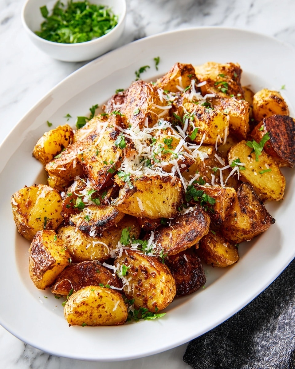 A white oval plate holds a pile of golden brown roasted potato pieces with crispy edges and varying sizes, some with darker char marks. The potatoes are sprinkled unevenly with finely shredded white cheese and small, bright green parsley leaves, adding bursts of color. The plate is set on a white marbled surface, and in the background, a small white bowl with more green parsley is partially visible. The image is bright and sharp, showing the texture of the crispy potatoes clearly photo taken with an iphone --ar 4:5 --v 7