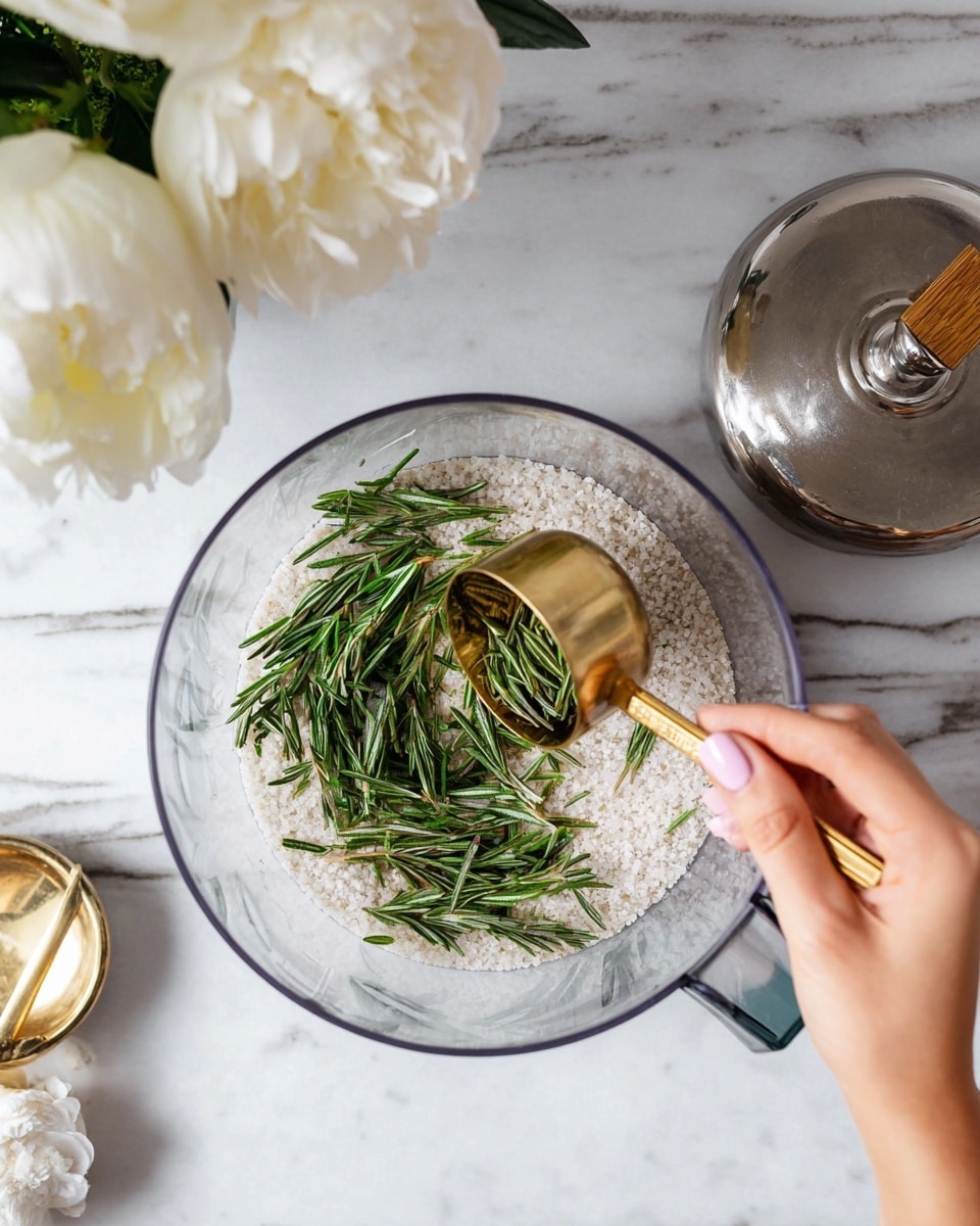 A clear food processor bowl filled with small white grains, likely coarse salt, forms the bottom layer. On top are fresh green rosemary sprigs, spread unevenly in the center. A woman's hand with light pink nails holds a golden measuring cup pouring more rosemary into the bowl, positioned from the left side of the image. The bowl rests on a white marbled surface. To the right, a metallic measuring cup with a wooden handle sits empty. The top left corner shows a blurry bunch of white peony flowers. Photo taken with an iphone --ar 4:5 --v 7