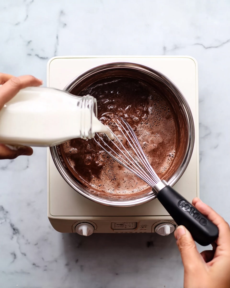 A silver pot on a white marbled surface holds dark brown chocolate liquid with a slightly frothy texture on the top. A woman's left hand pours creamy white milk from a glass bottle into the pot, while the woman's right hand stirs the mixture inside the pot using a black-handled metal whisk. The pot sits on a small white electric stove with a control knob. The scene is captured from above. photo taken with an iphone --ar 4:5 --v 7