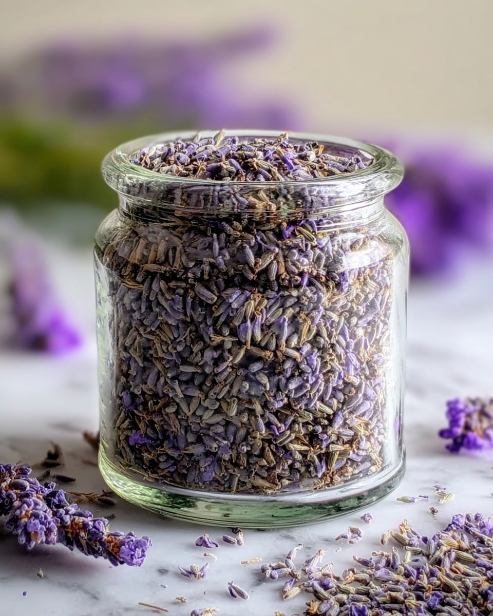 A clear glass jar filled to the top with dried lavender buds showing shades of purple, light brown, and gray. The jar is placed on a white marbled surface with some lavender buds scattered around it. The petals have a dry, slightly rough texture and are tightly packed inside the jar, giving a full and abundant look. The background is softly blurred with light purple and green tones hinting at fresh lavender flowers. photo taken with an iphone --ar 4:5 --v 7