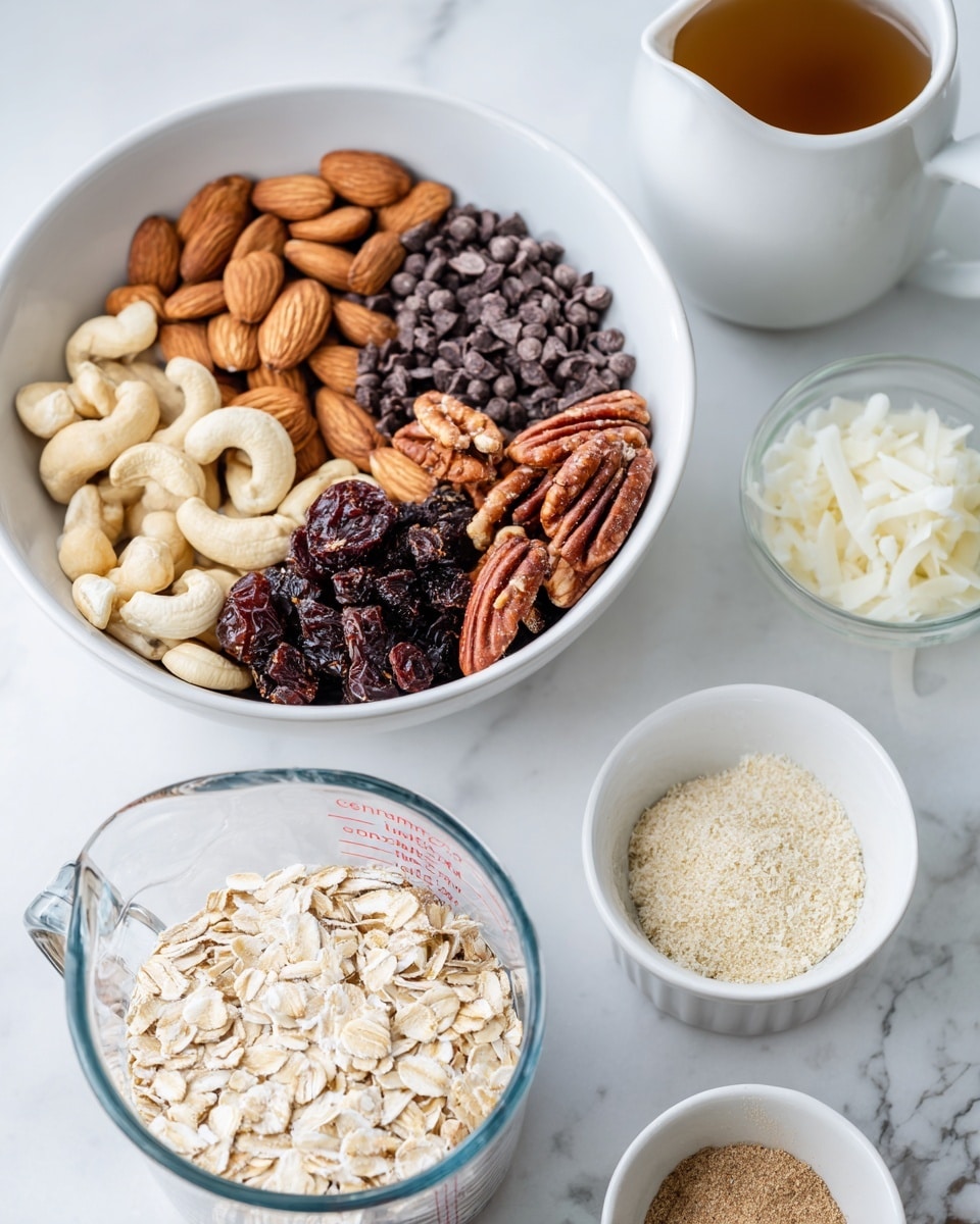 The image shows a white bowl filled with five sections of ingredients: light brown almonds, dark brown chocolate chips, dark red dried fruit, light beige cashews, and medium brown pecans, all arranged side by side. In front of the bowl is a clear glass measuring cup filled with light beige oats, and next to it is a small white bowl containing a light brown powder. To the right side, there is a white jar with shredded white substance inside and a small white pitcher with a light brown liquid. The background is a white marbled surface. photo taken with an iphone --ar 4:5 --v 7
