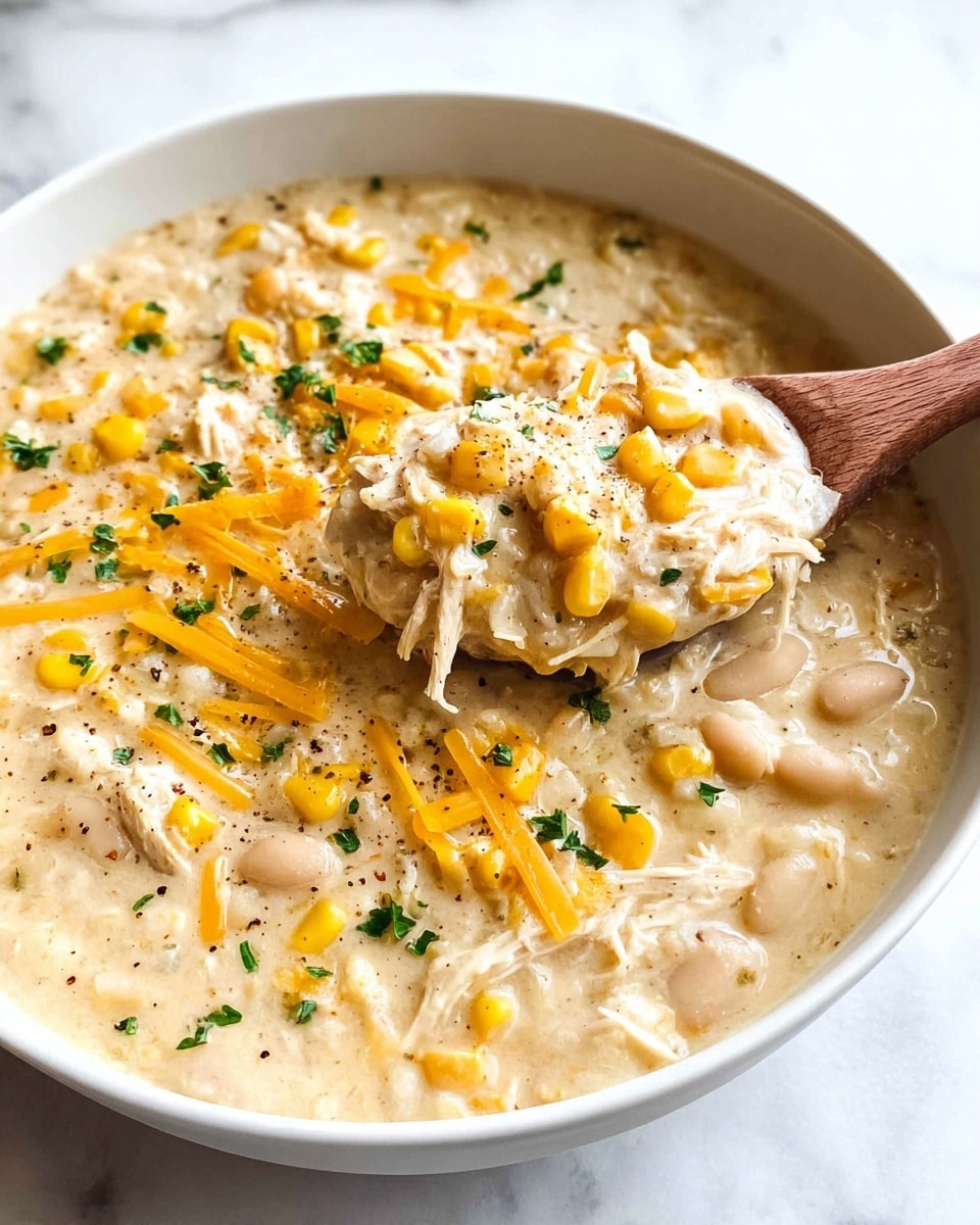 A white bowl filled with creamy soup that has three main layers: a thick, light beige creamy base with visible small white beans and shredded chicken mixed throughout; bright yellow corn kernels scattered evenly in the soup; and thin strands of melted orange cheese sprinkled on top. Tiny green parsley pieces are spread over the surface along with some black pepper flakes. A wooden spoon is dipping into the soup, lifting a portion showing the chunky texture of beans, chicken, and corn. The bowl sits on a white marbled surface. Photo taken with an iphone --ar 4:5 --v 7