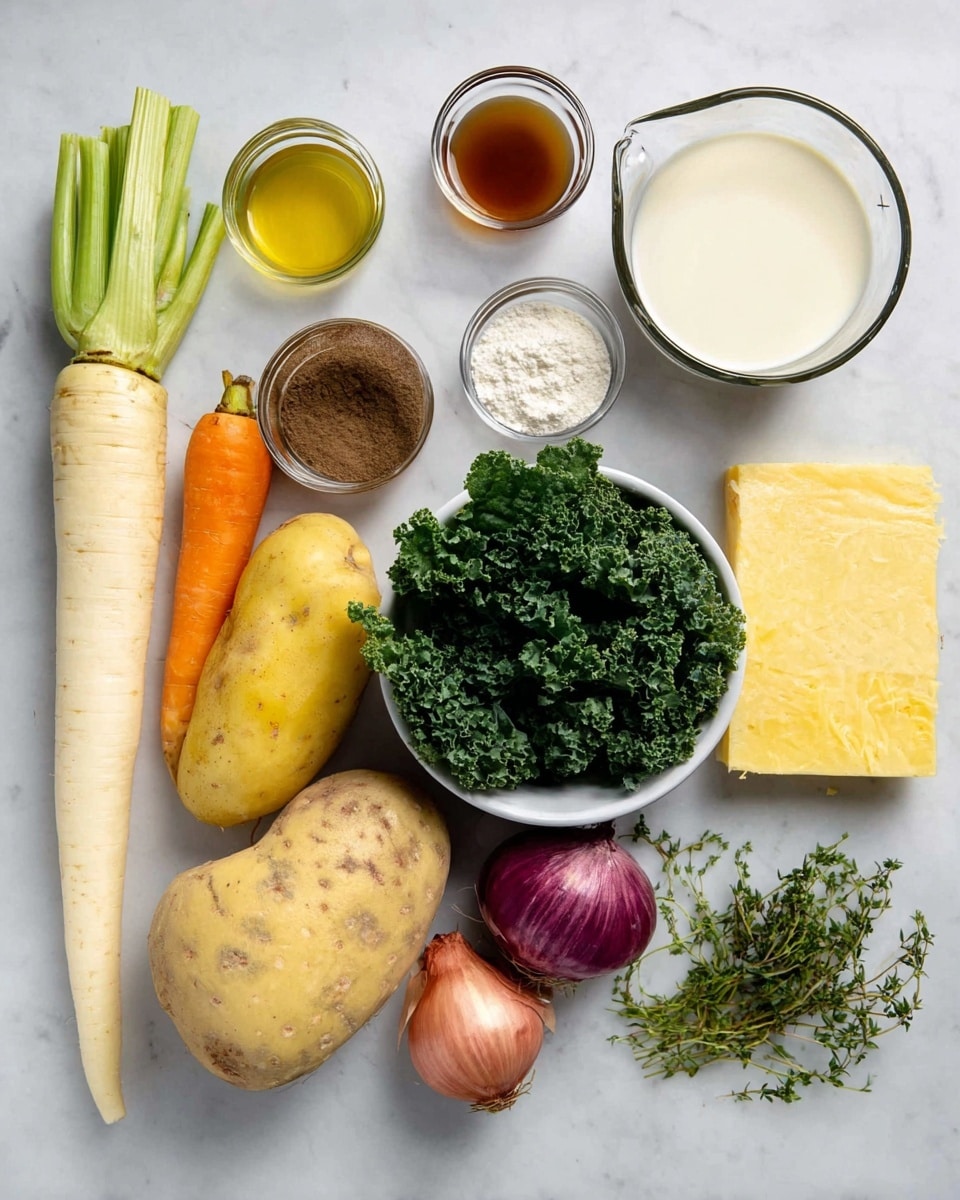 The image shows a group of raw ingredients neatly arranged on a white marbled surface. From left to right, there is a long pale parsnip, a round yellow rutabaga with purple on top, a yellow potato, a fresh orange carrot, and a celery stick. Above these vegetables, two clear small bowls hold a brown liquid and a white powdery ingredient, likely broth and flour, with a glass of creamy white liquid and a small cup of clear oil beside them. A white bowl filled with fresh dark green curly kale sits near the center. In front of the kale, there are two small reddish shallots and a small bowl of brown paste. Fresh green sprigs of parsley and thyme lie on the right with a neat rectangular sheet of pale yellow pastry or dough. The whole layout is clean and organized. Photo taken with an iphone --ar 4:5 --v 7