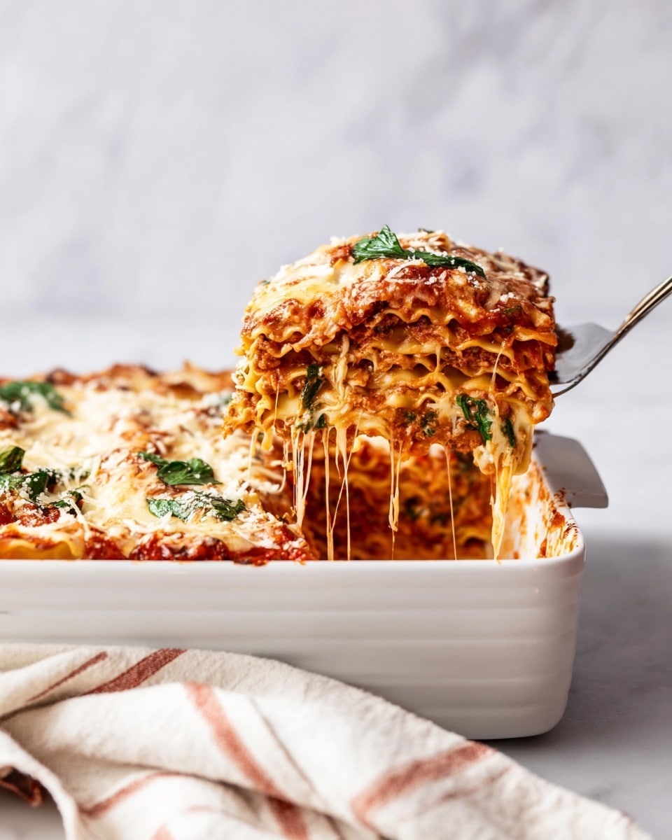 A white rectangular baking dish holds a layered lasagna with at least five visible layers, starting from a bottom layer of tomato sauce mixed with ground meat, followed by cheesy pasta noodles, a layer of fresh spinach leaves, another noodle layer, and topped with melted cheese sprinkled with grated parmesan and a few spinach leaves. A slice of the lasagna is lifted by a spatula showing stretchy melted cheese strands. The scene is set against a soft white marbled surface with a striped cloth in the foreground, and the colors are warm with rich reds, creamy yellows, and vibrant greens. Photo taken with an iphone --ar 4:5 --v 7