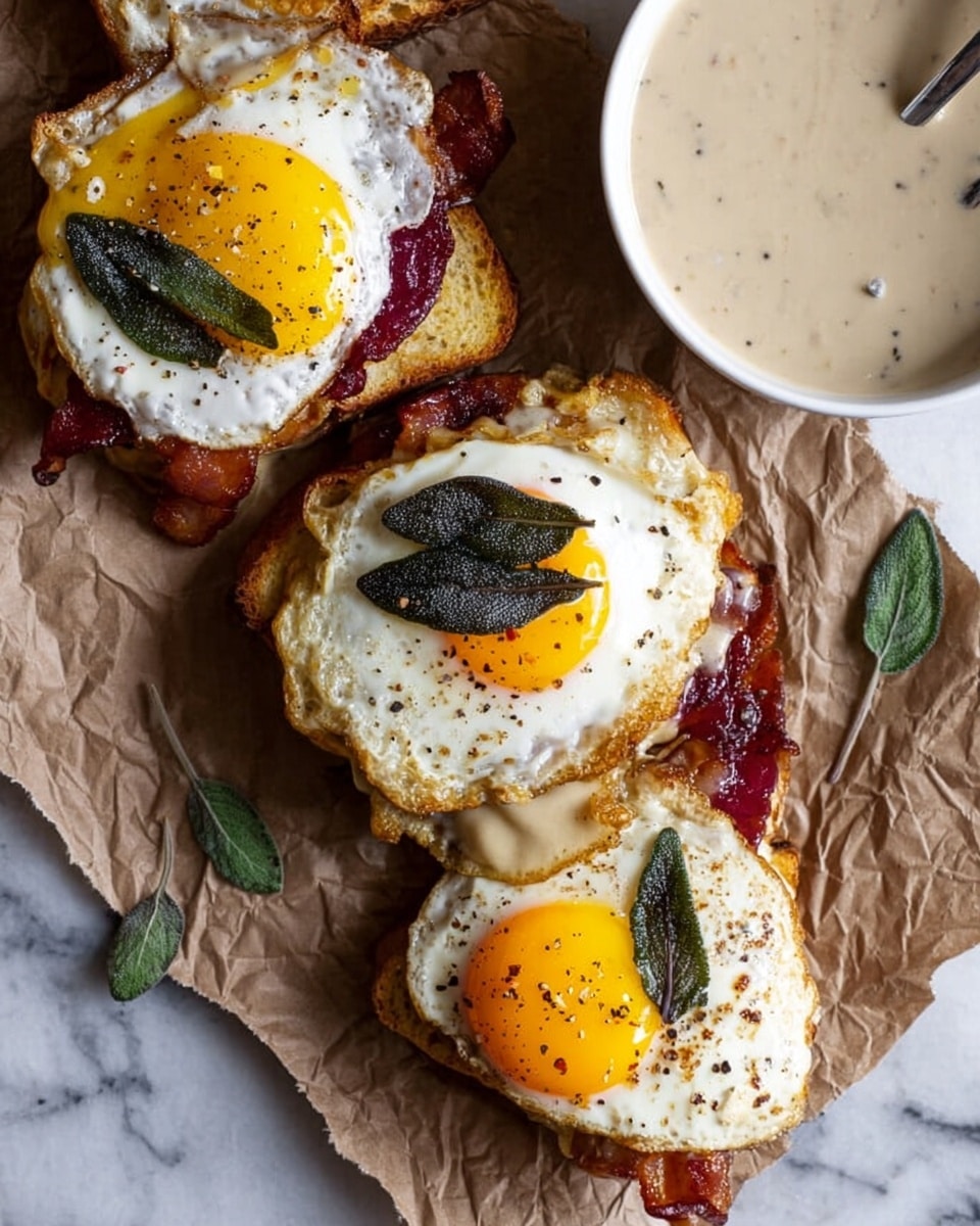 The image shows three small sandwiches on crinkled brown paper placed on a white marbled surface. Each sandwich has three layers: the bottom layer is a light golden toasted bread with bits of red jam or sauce, followed by a middle layer of melted cheese and crispy cooked bacon, and the top layer is a sunny yellow fried egg with a fully cooked white, each egg garnished with a dark green fried sage leaf and sprinkled black pepper. Next to the sandwiches is a white bowl with light beige creamy sauce having tiny black specks. A few garnished sage leaves are scattered around the sandwiches. Photo taken with an iphone --ar 4:5 --v 7