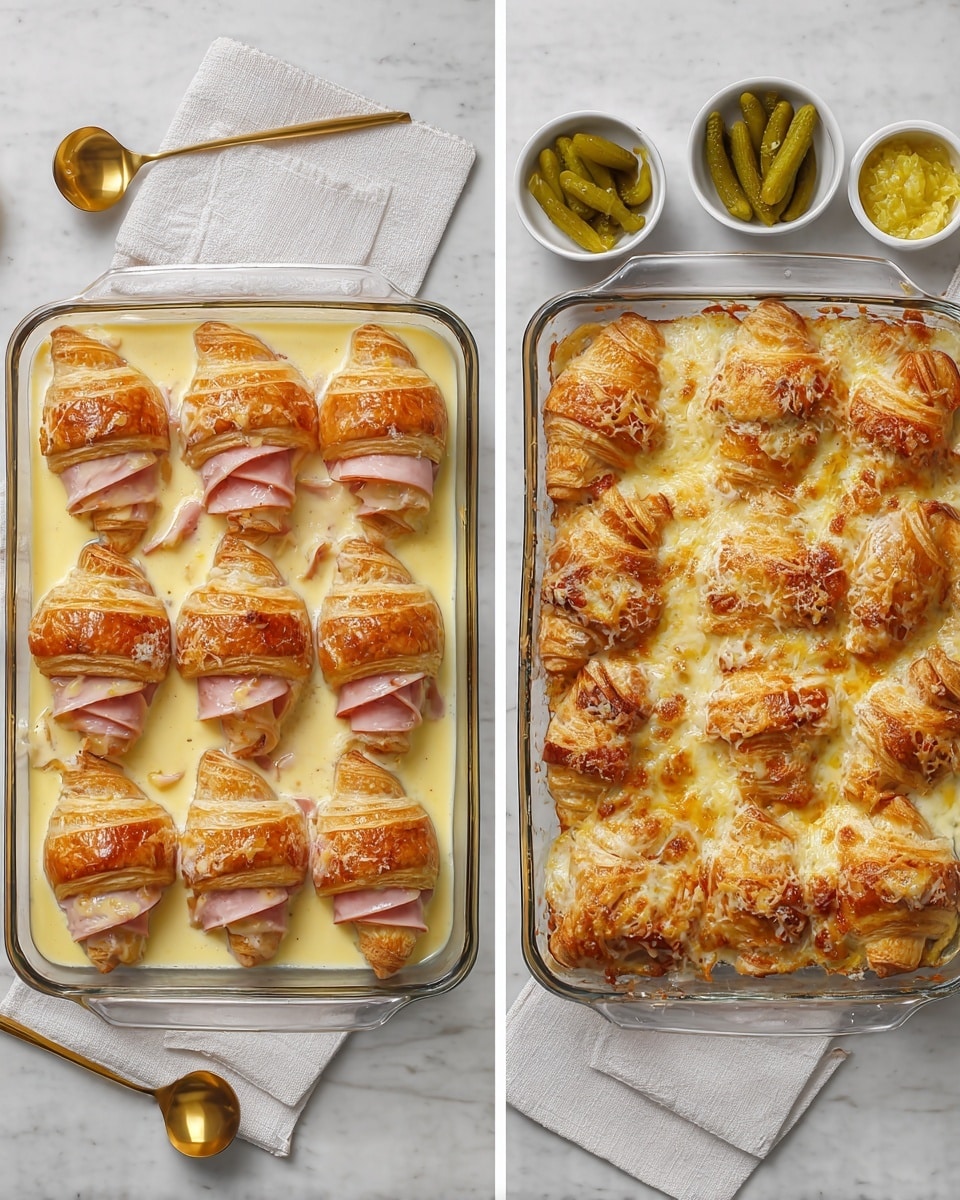 Two images side by side show a croissant dish before and after baking in a clear rectangular glass dish on a white marbled surface. The left image shows nine golden, flaky croissants arranged in three rows and three columns; each croissant is sliced in half horizontally and filled with pink ham slices and white cheese slices, with a pale yellow sauce poured around and under them. The right image shows the same dish after baking, with the croissants now puffed and browned on top, melted cheese slightly browned and bubbling, and the sauce thickened around the croissants. A gold spoon with a white napkin is placed to the left of the dish, along with small white bowls containing green pickles and yellow mustard. Photo taken with an iphone --ar 4:5 --v 7
