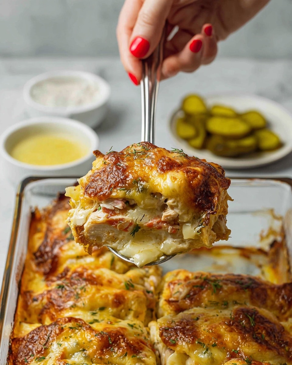 A woman's hand with red nail polish holds a spoon with a large piece of baked dish featuring layers of golden brown melted cheese on top, with a bubbly and slightly crispy texture. The dish's middle layer shows bits of browned chicken and herbs, while the bottom layer appears creamy and pale yellow, all inside a glass baking pan filled with similar portions. In the background, there is a white marble surface with a small white bowl of pickles and a white bowl of yellow sauce partly visible. Photo taken with an iphone --ar 4:5 --v 7