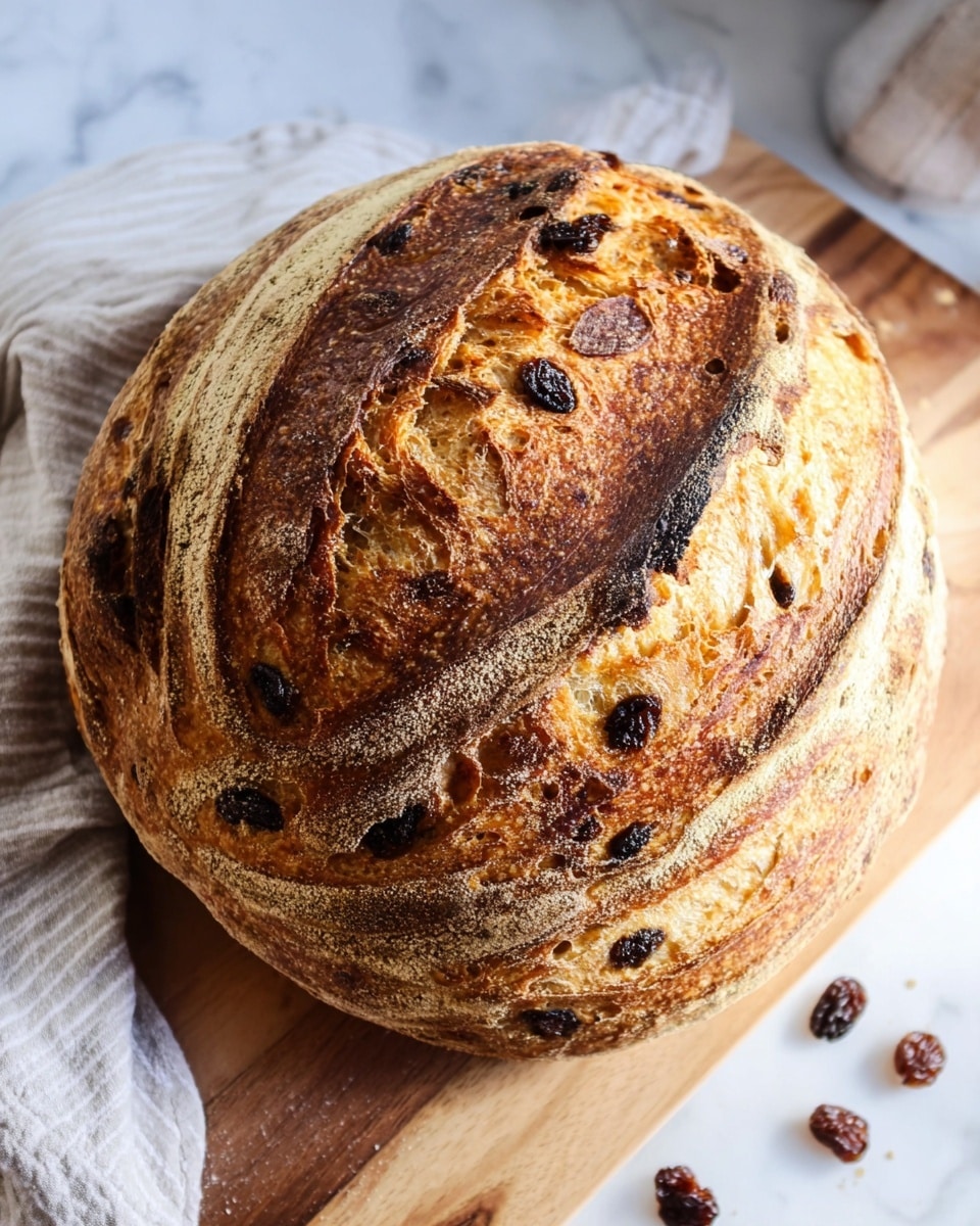 The image shows a round loaf of bread with a deeply browned, textured crust that curls and swirls across the top. The bread has three visible layers of dough that vary in shades of golden to dark brown, with a rough, crispy surface. Scattered through the loaf are dark raisins embedded in the dough, adding contrast to the warm colors. The bread rests on a wooden board placed over a white marbled surface, with a few loose raisins nearby and a light striped cloth in the corner. photo taken with an iphone --ar 4:5 --v 7