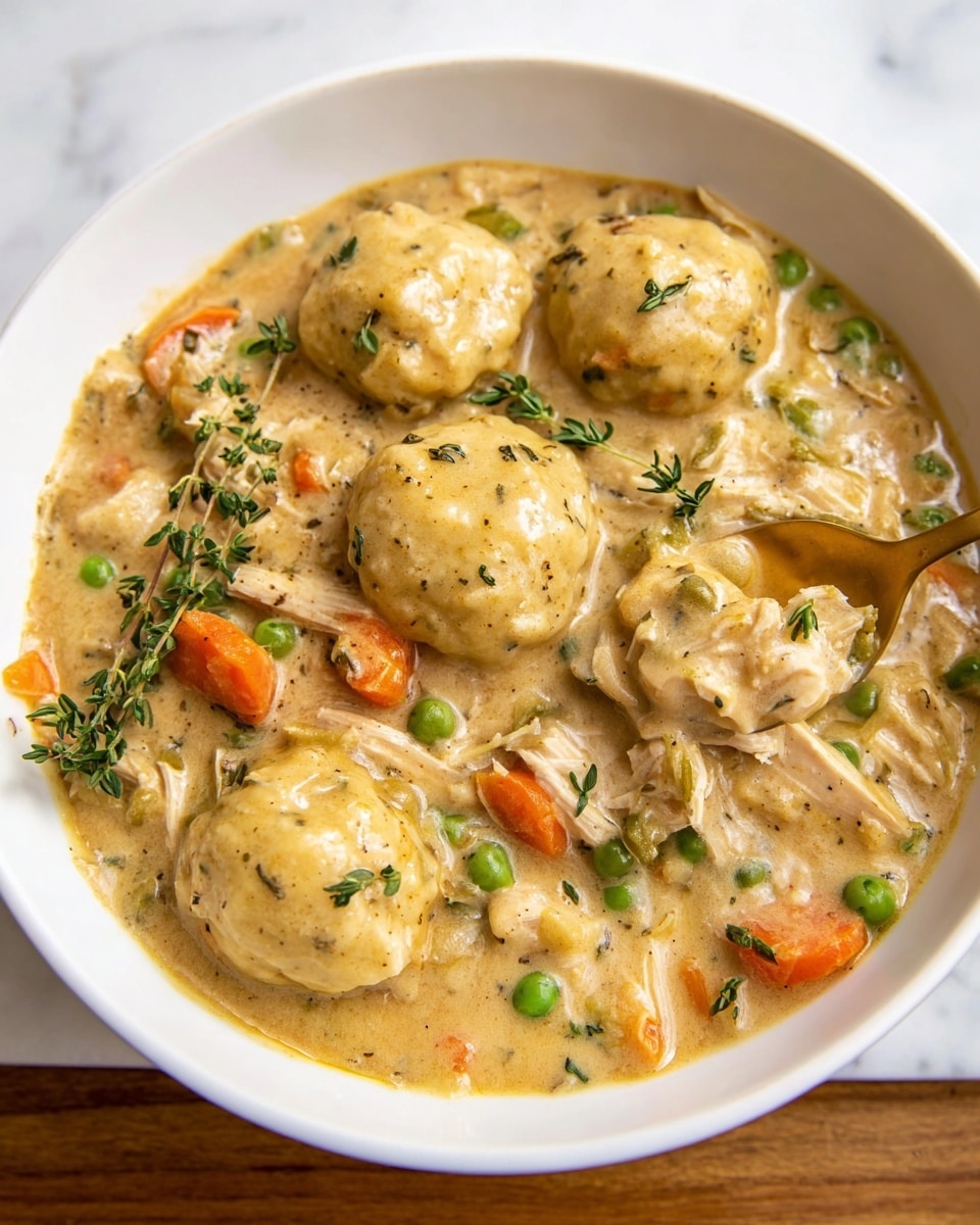 A white bowl filled with a stew that has a creamy beige broth, containing three round light golden dumplings on top. The stew has visible pieces of shredded light brown chicken, bright orange carrot slices, green peas, and small bits of green herbs. There are sprigs of fresh green thyme scattered on top. A gold spoon scoops up one of the soft dumplings covered in the same creamy sauce. The bowl sits on a white marbled surface. Photo taken with an iphone --ar 4:5 --v 7
