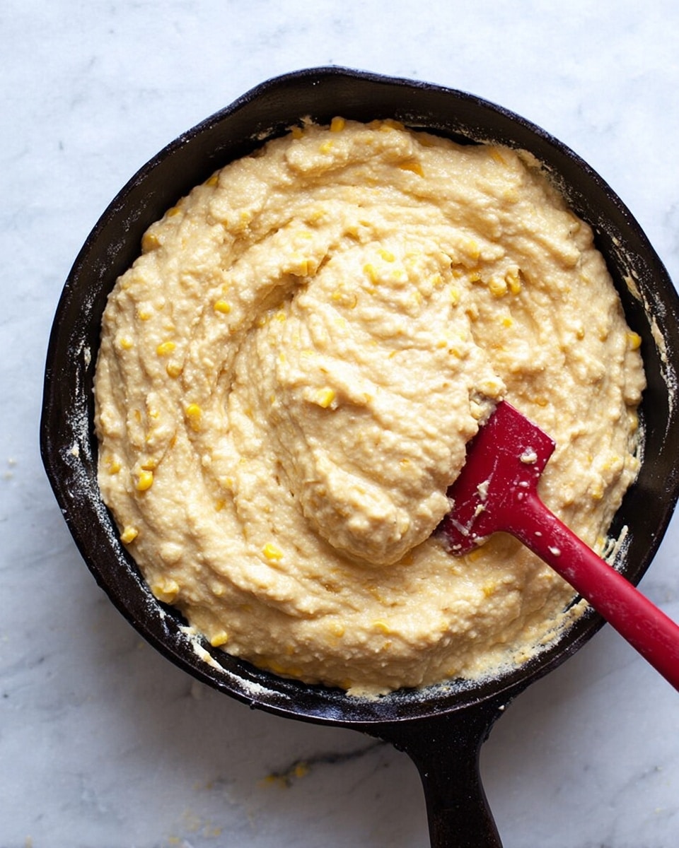 A close-up top view of a cast iron pan filled with thick, pale yellow batter mixed with small pieces of corn, with a red spatula partially covered in the batter resting on top, the batter having a creamy, slightly lumpy texture, all placed on a white marbled surface photo taken with an iphone --ar 4:5 --v 7