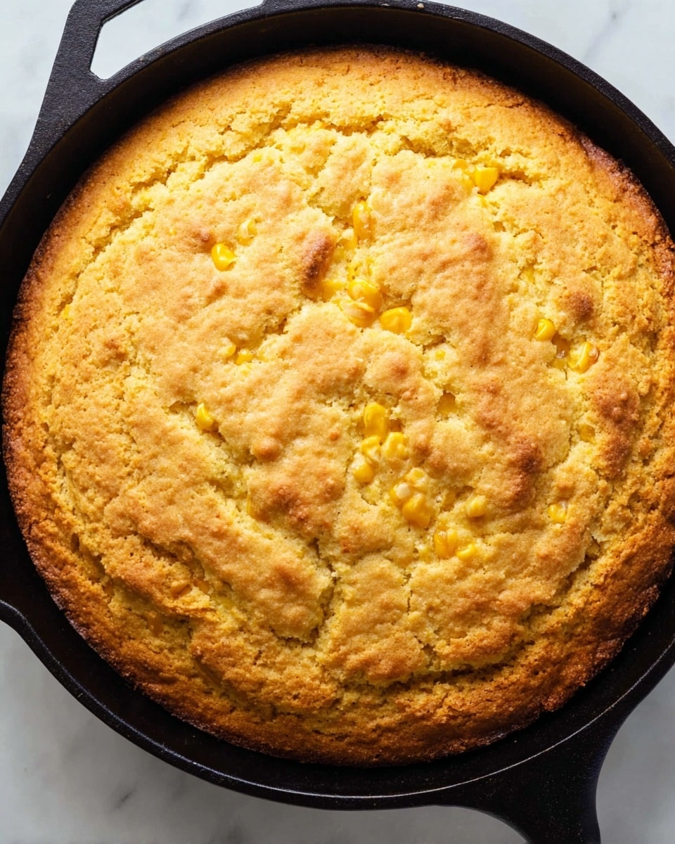 A golden brown cornbread baked in a black cast iron skillet fills the frame. The top layer is slightly cracked with a rough texture showing pockets of bright yellow corn kernels scattered evenly throughout. The crust has a warm, toasted look with small, irregular bumps and a soft crumbly surface. The skillet sits on a white marbled surface, highlighting the cornbread's rich color and texture. photo taken with an iphone --ar 4:5 --v 7