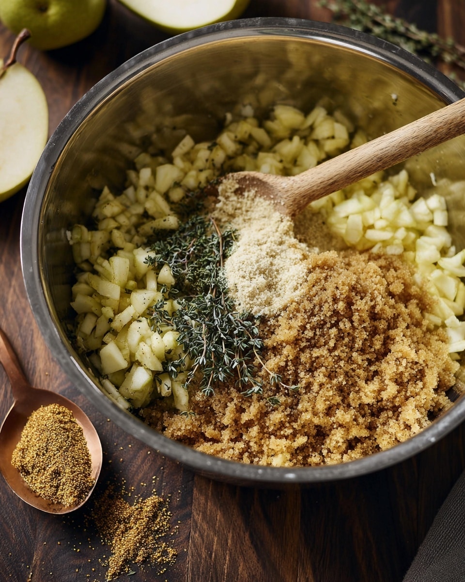 A metal mixing bowl sits on a dark wooden surface, filled with a combination of finely chopped yellowish cooked apples as the base layer, topped with a thick pile of light brown sugar covering half of the apple layer, a small dollop of grainy yellow and brown mustard, and scattered dark green fresh thyme leaves across the mixture, with a light wooden spoon resting inside the bowl. A copper spoon with some mustard lies beside the bowl on the wooden surface, and a sliced green pear is partially visible in the background. photo taken with an iphone --ar 4:5 --v 7