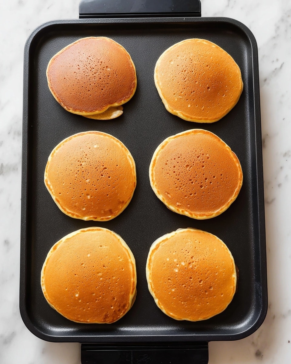Six golden-brown pancakes cook on a black electric griddle. The pancakes are evenly spaced in two columns and three rows, each pancake round with a smooth, slightly puffy texture showing small bubbles on the surface. The edges of the pancakes are light and softly curved. The griddle sits on a white marbled surface that adds a clean and bright contrast to the warm colors of the pancakes. Photo taken with an iphone --ar 4:5 --v 7