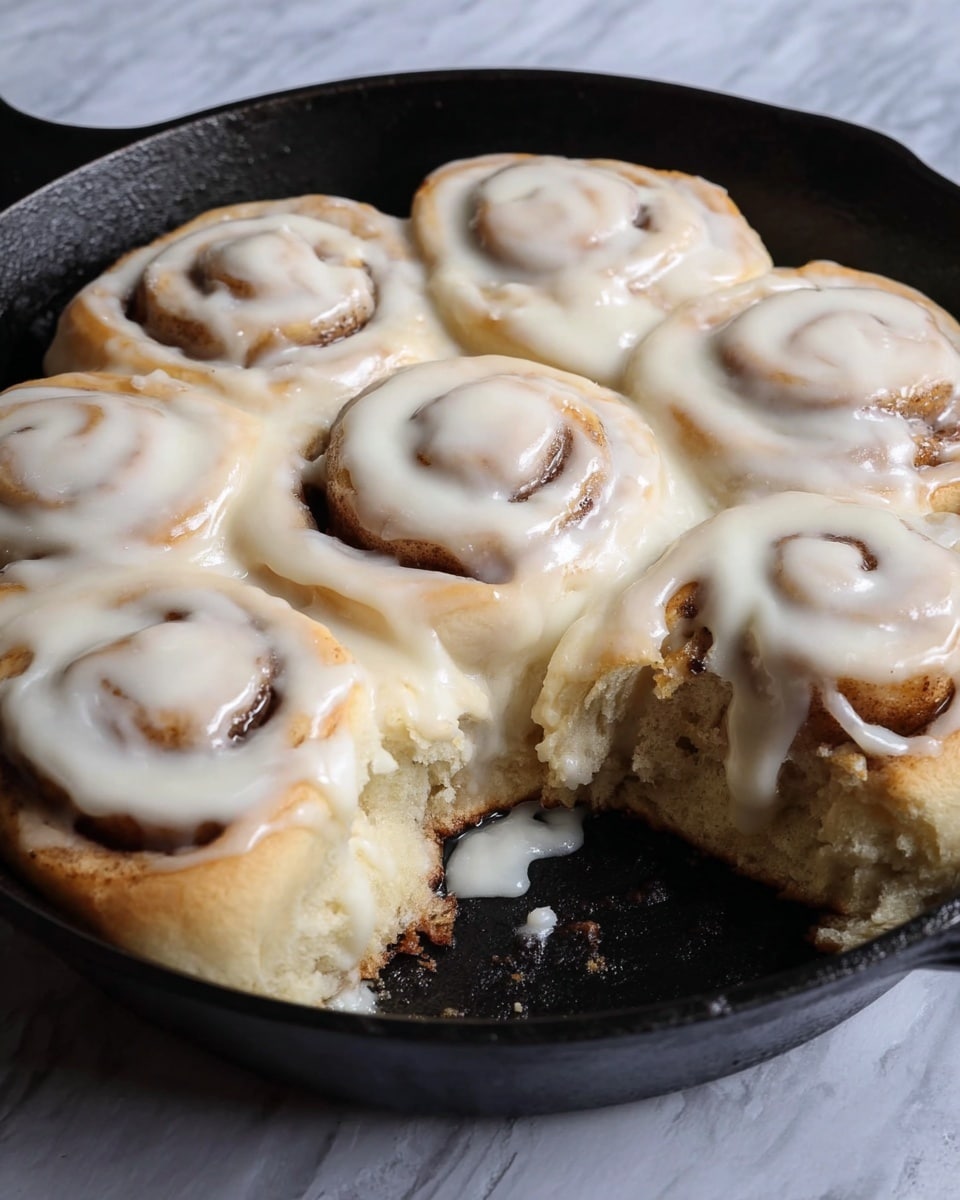A round black cast iron pan holds twelve cinnamon rolls arranged in a tight circle, one in the center and eleven around it. Each roll has a light golden dough base with a dark brown cinnamon swirl pattern on top, showing the spiraled layers clearly. The pan rests on a soft pink cloth on a white marbled surface, with part of a white bowl visible to the left and a wooden spoon to the right. The lighting highlights the soft texture of the dough and the darker cinnamon filling inside each roll. photo taken with an iphone --ar 4:5 --v 7