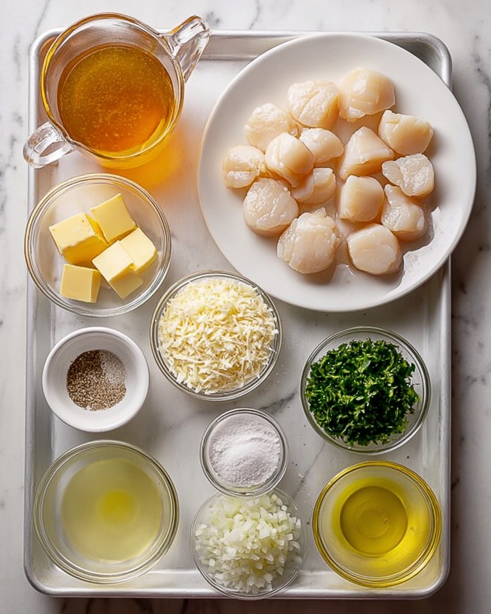 The image shows a baking tray holding multiple small bowls and a white plate arranged neatly on a white marbled surface. The white plate in the top right corner holds a cluster of light beige scallops. Around the plate, there are various glass and white bowls containing ingredients: pale yellow cubes of butter, a glass jug with amber broth, a bowl with diced white onions, a bowl of grated pale yellow cheese, a small bowl of minced garlic, a small pile of fresh green herbs, and several bowls of clear liquids including olive oil and lemon juice. There is also a small white bowl with white granules and ground black pepper. The overall colors are warm yellows, whites, and greens with a natural, clean look. The photo taken with an iphone --ar 4:5 --v 7