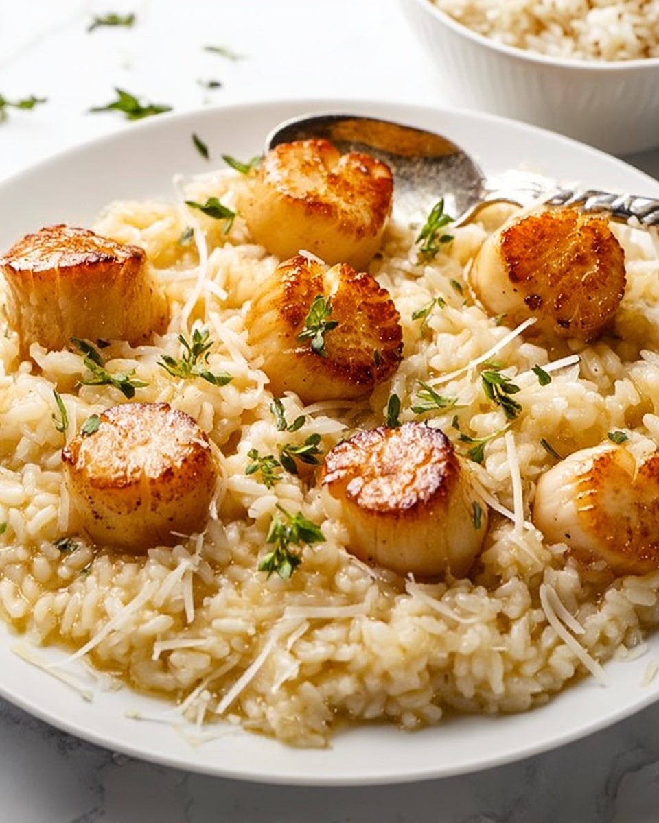 A white plate filled with a bed of creamy risotto rice that has a slightly glossy texture. On top, there are seven golden-brown seared scallops with a lightly crisp surface and smooth, tender sides. Small green herb leaves are scattered across the dish, adding a touch of freshness and color contrast. Thin strands of grated cheese are sprinkled over the risotto, giving a delicate texture and a soft creamy layer. A silver spoon rests on the edge of the plate, partially visible, with a bowl of plain white rice blurred in the background on a white marbled surface. photo taken with an iphone --ar 4:5 --v 7