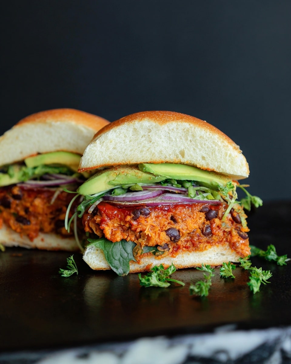 The image shows a sandwich cut in half, placed on a dark surface with a white marbled texture in the background. Each half has a soft, slightly golden white bun on top and bottom. The bottom bun layer is topped with fresh green leafy herbs, followed by a thick, chunky orange patty mixed with visible bits of black beans. Above the patty, there are slices of ripe green avocado and some red sauce spread on the inside of the top bun. Thin slices of reddish-purple onions are layered just under the top bun. Small sprigs of parsley garnish the area around the sandwich halves. Photo taken with an iphone --ar 4:5 --v 7