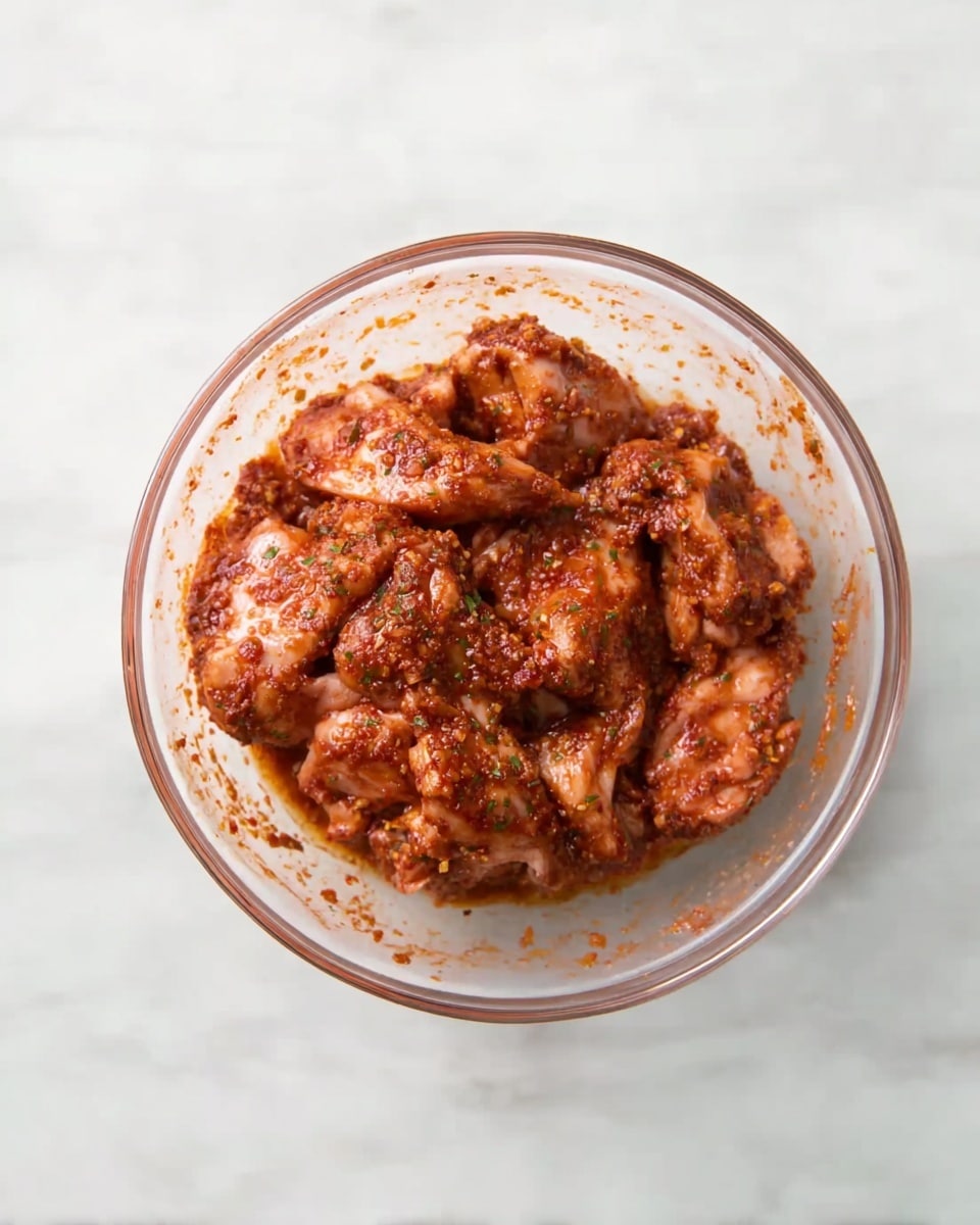 A clear glass bowl filled with several pieces of raw chicken coated in a thick reddish-brown spice mix, showing a glossy texture. The bowl sits on a white marbled surface, and the chicken pieces are clustered together, each piece distinct with uneven edges. The spice mix covers the chicken unevenly, with visible patches of oil and herbs embedded in the sauce. photo taken with an iphone --ar 4:5 --v 7